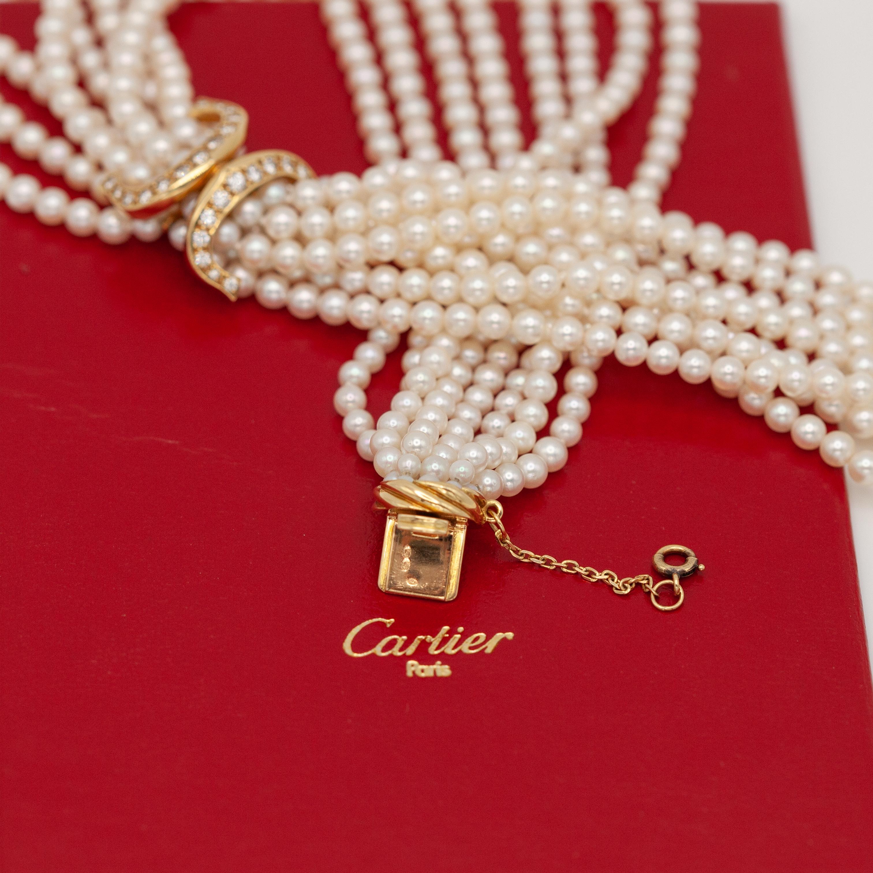 Cartier 18K Yellow Gold Diamond Multi Strand Pearl Necklace in vendita 4