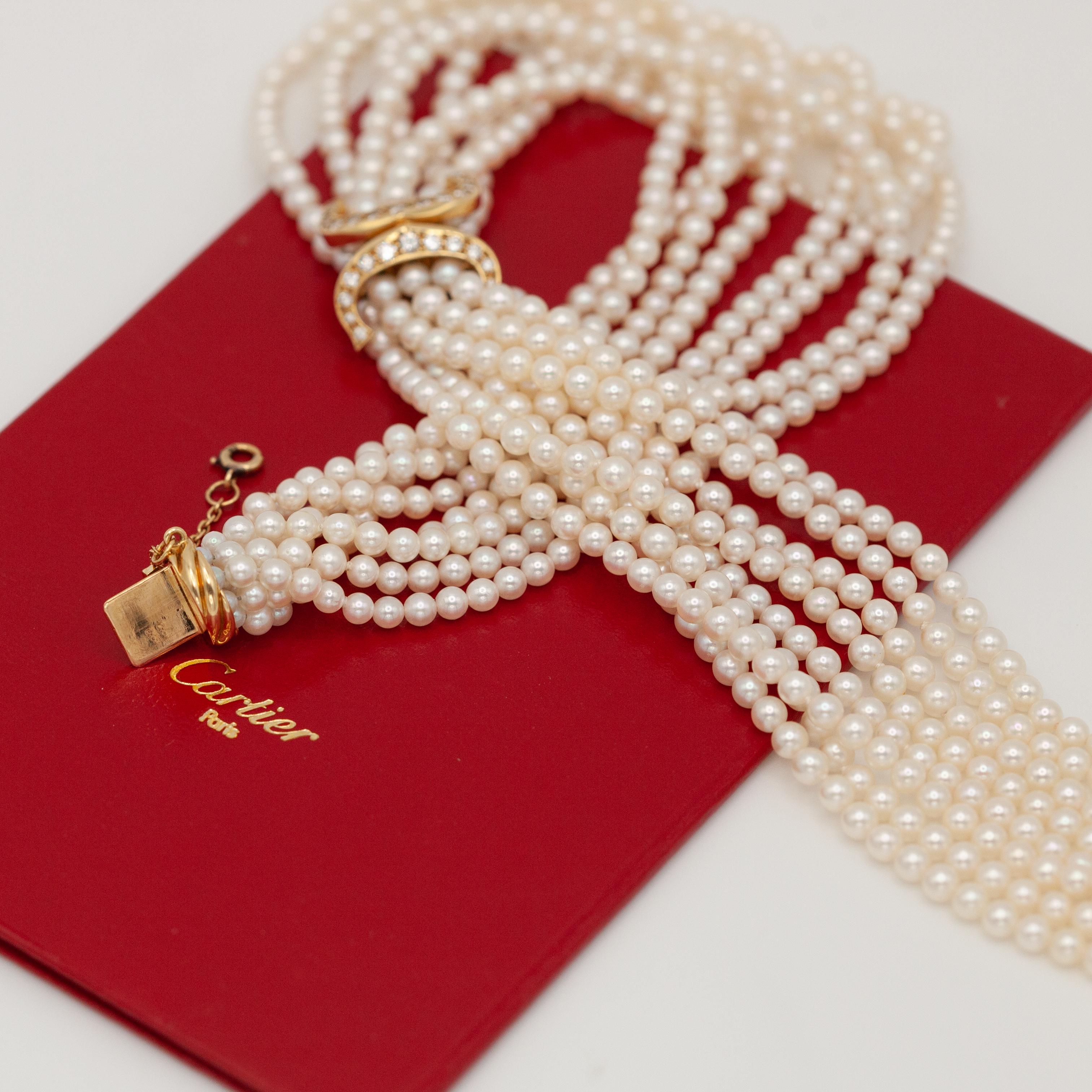 Cartier 18K Yellow Gold Diamond Multi Strand Pearl Necklace in vendita 5