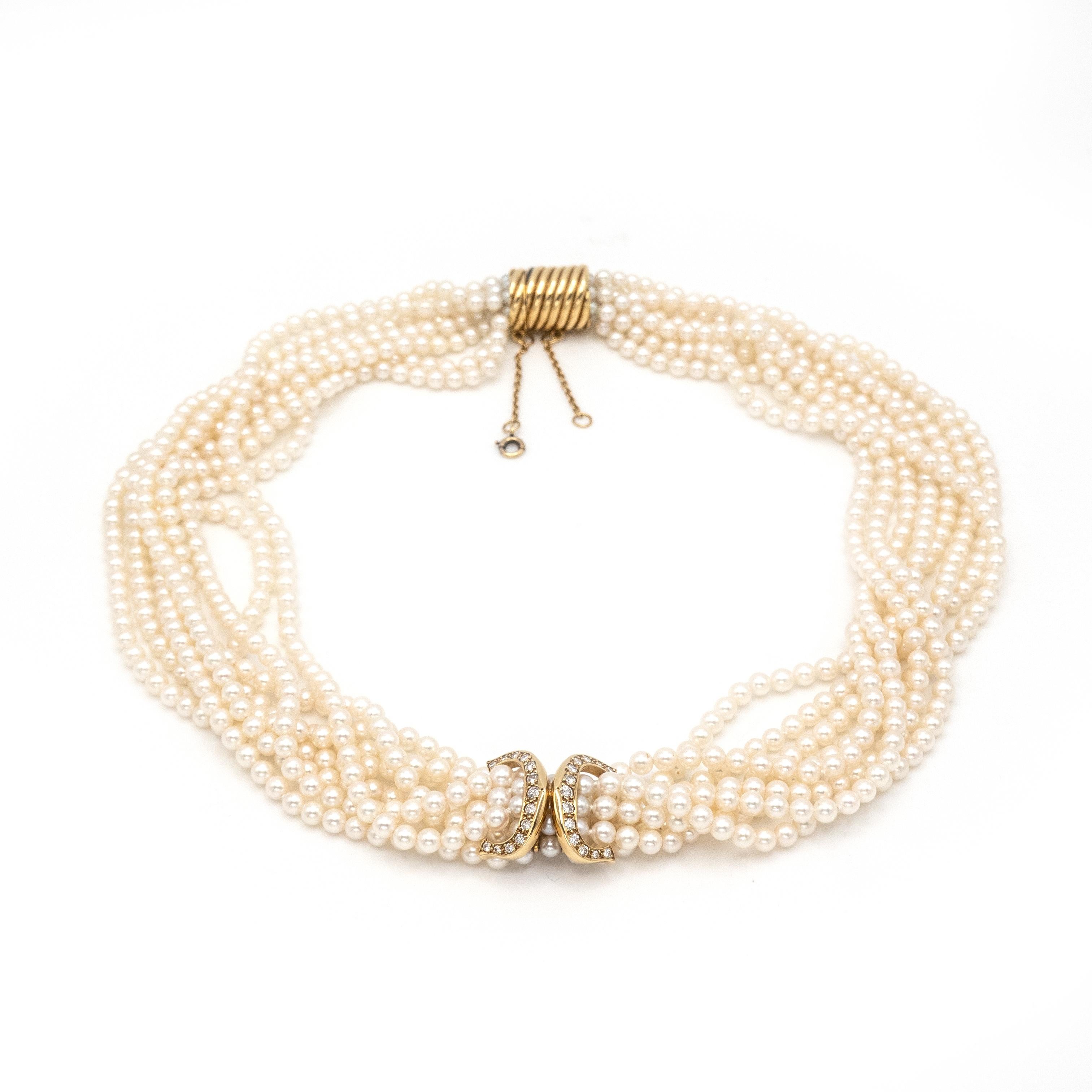Cartier 18K Yellow Gold Diamond Multi Strand Pearl Necklace in vendita 6