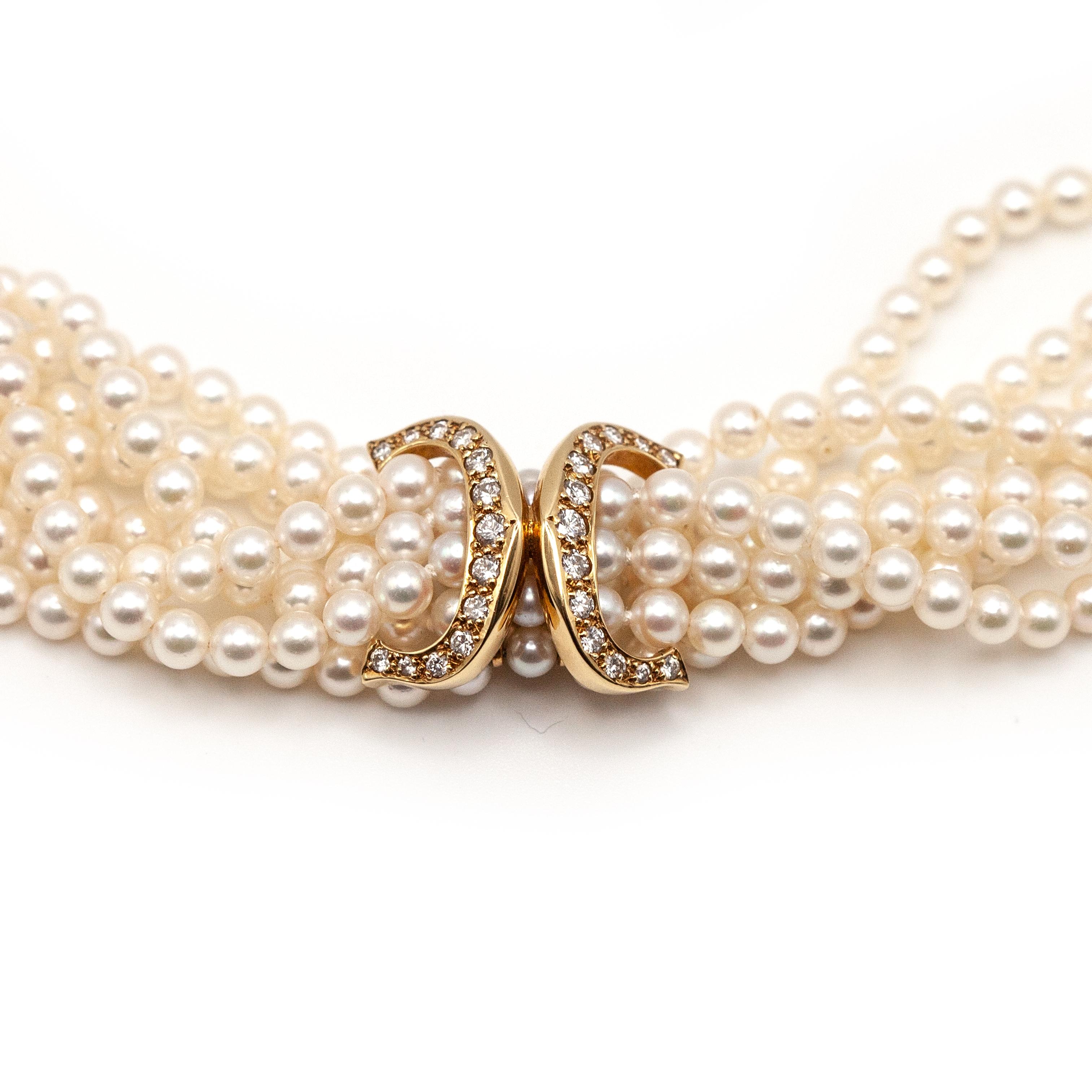Cartier 18K Yellow Gold Diamond Multi Strand Pearl Necklace in vendita 7