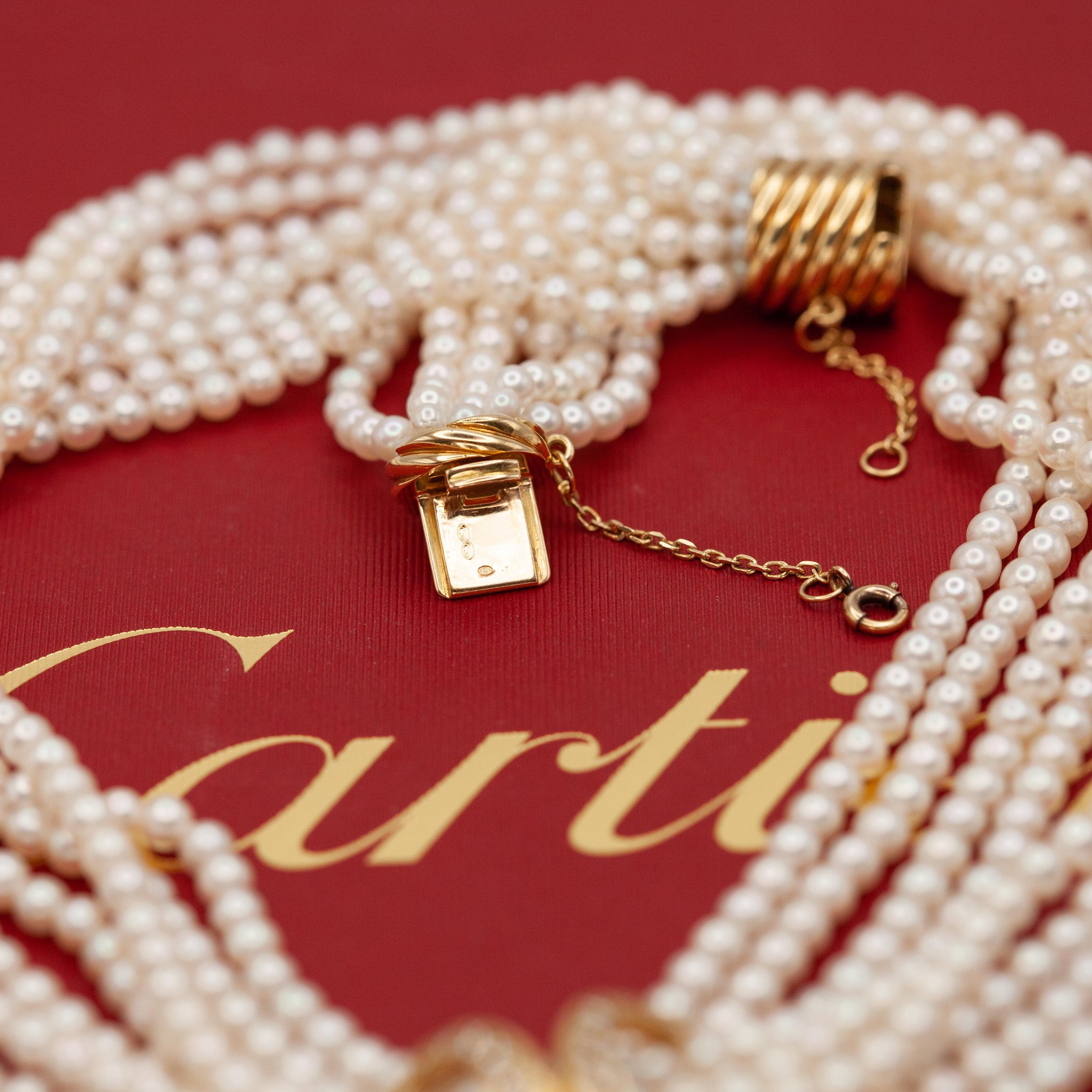 Cartier 18K Yellow Gold Diamond Multi Strand Pearl Necklace in vendita 11