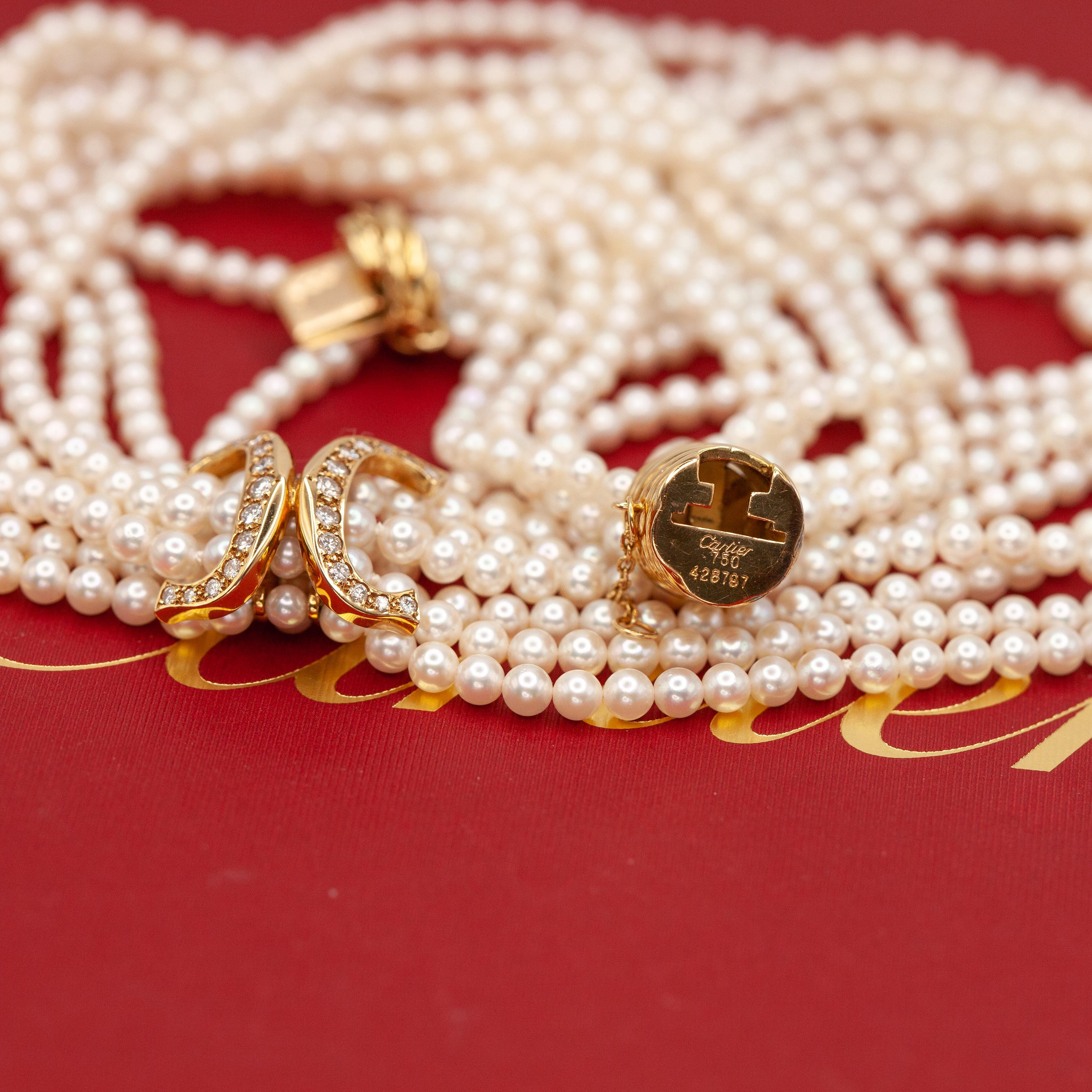 Cartier 18K Yellow Gold Diamond Multi Strand Pearl Necklace in vendita 12