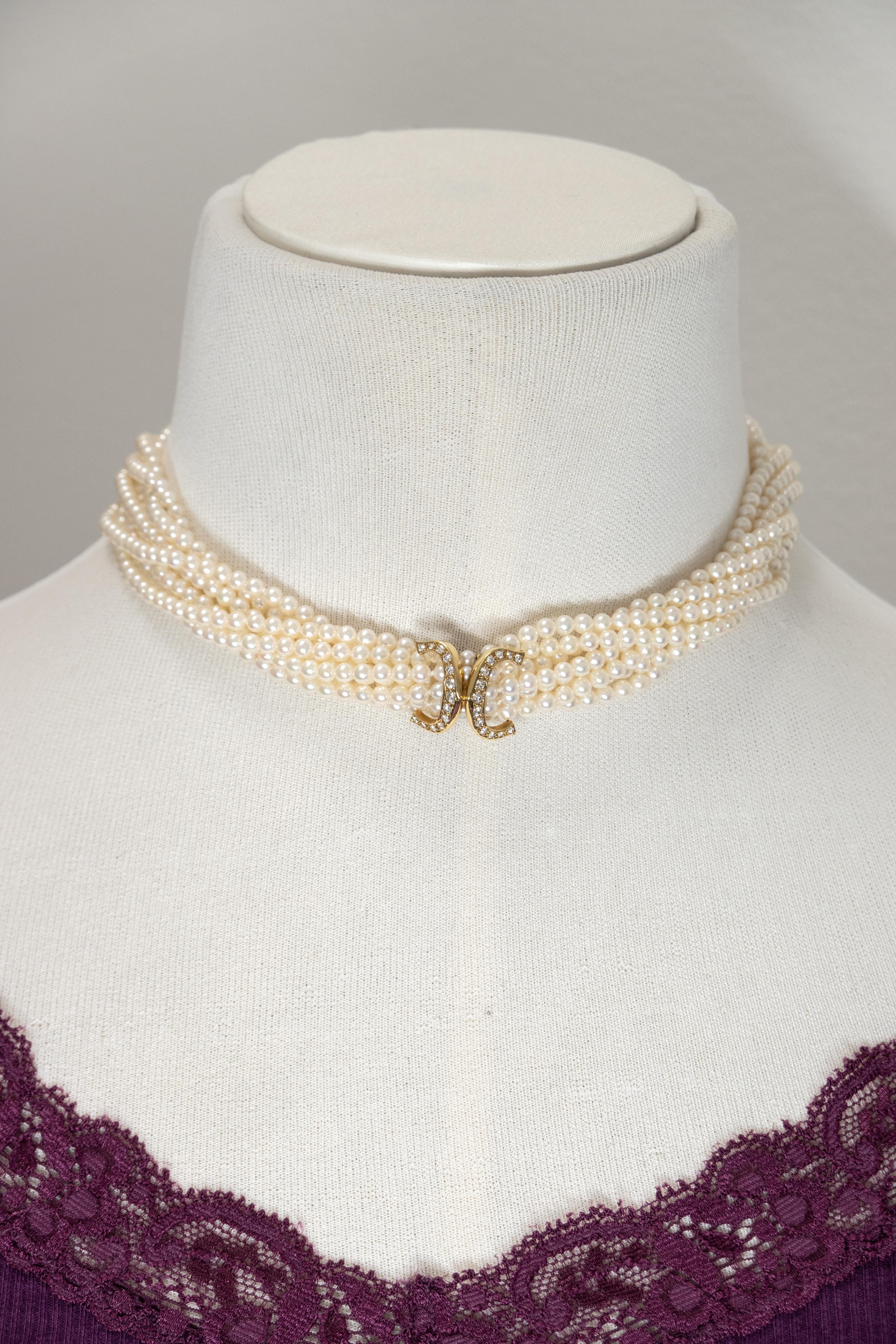 Moderno Cartier 18K Yellow Gold Diamond Multi Strand Pearl Necklace in vendita