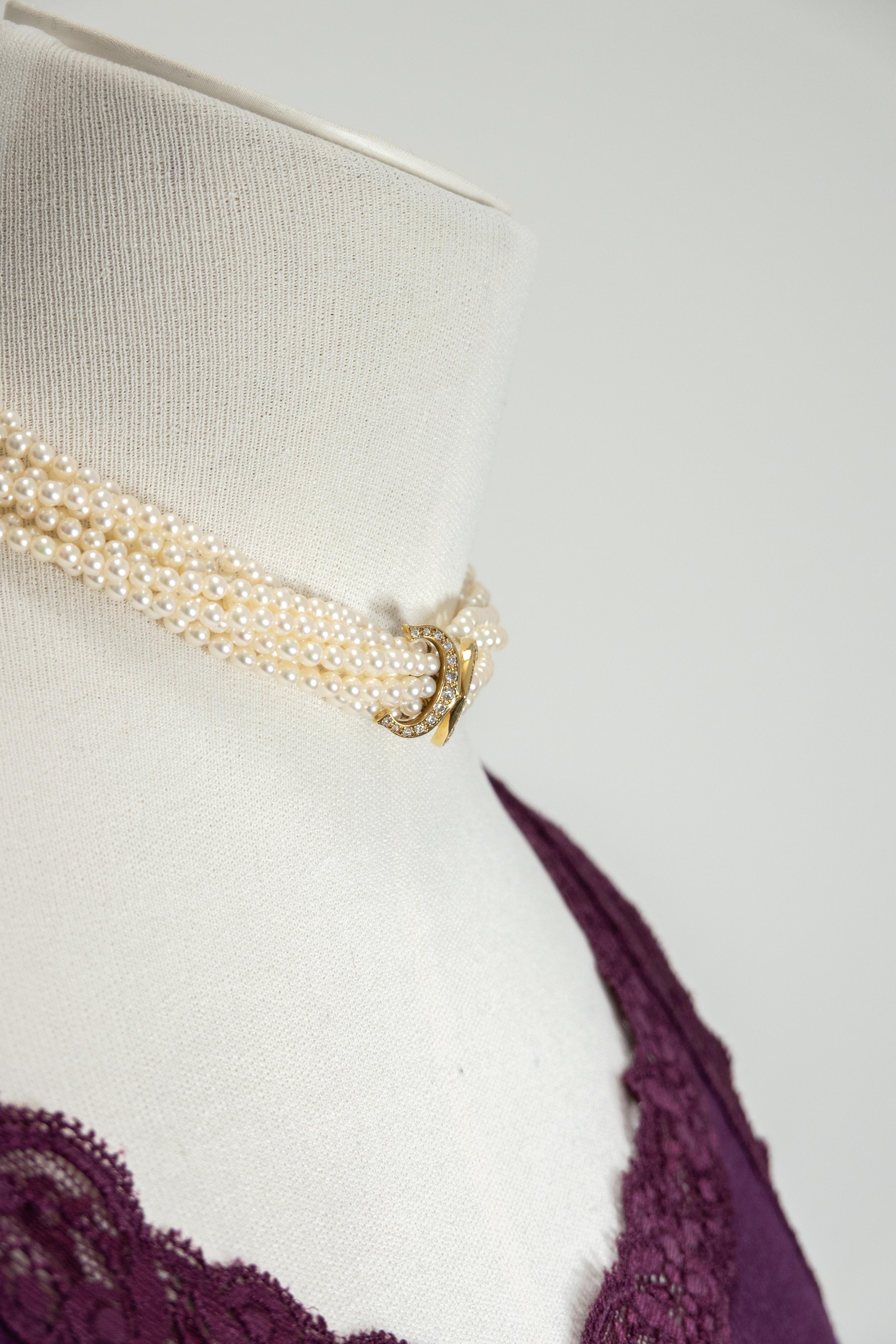 Taglio rotondo Cartier 18K Yellow Gold Diamond Multi Strand Pearl Necklace in vendita