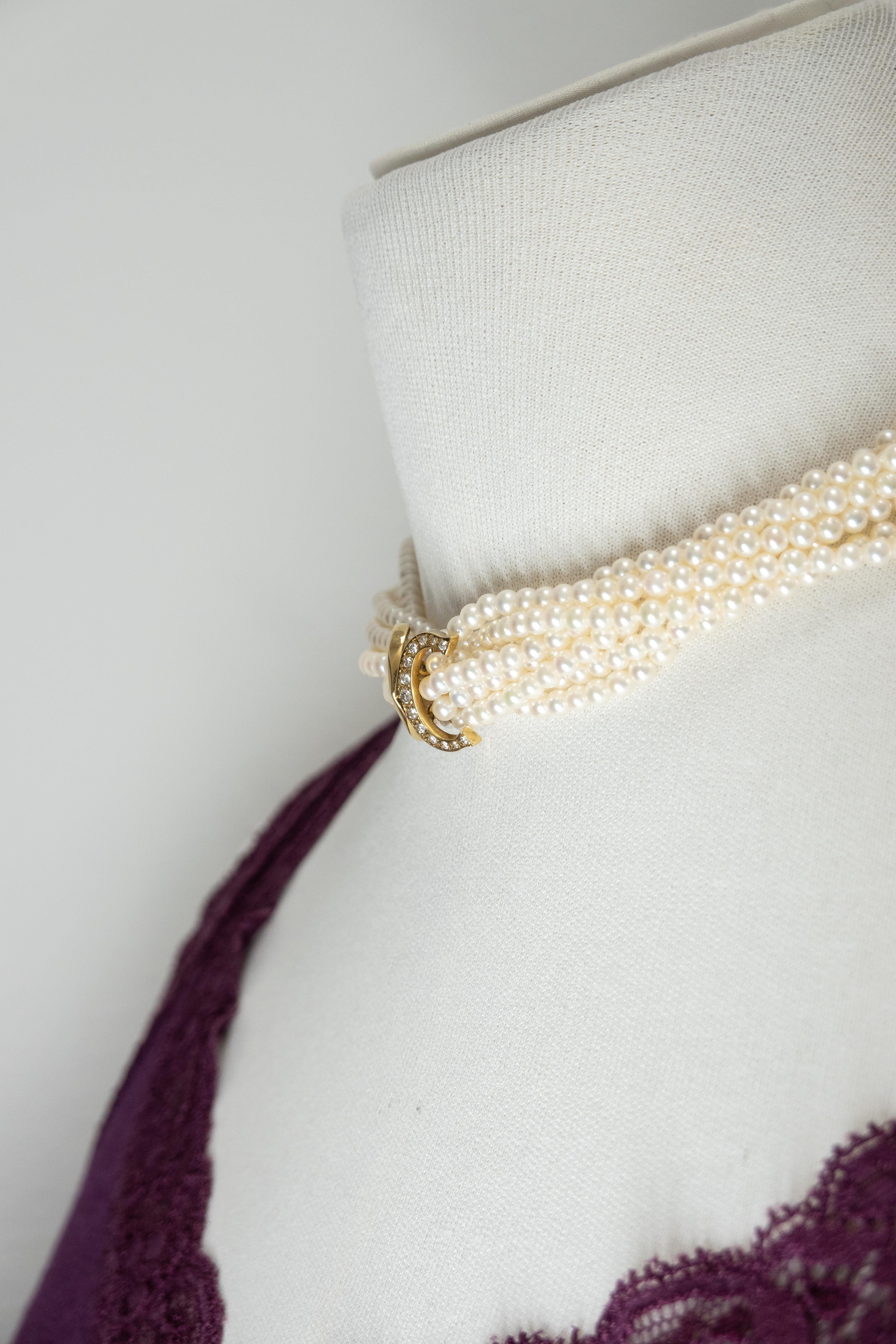 Cartier 18K Yellow Gold Diamond Multi Strand Pearl Necklace In condizioni ottime in vendita a New York, NY