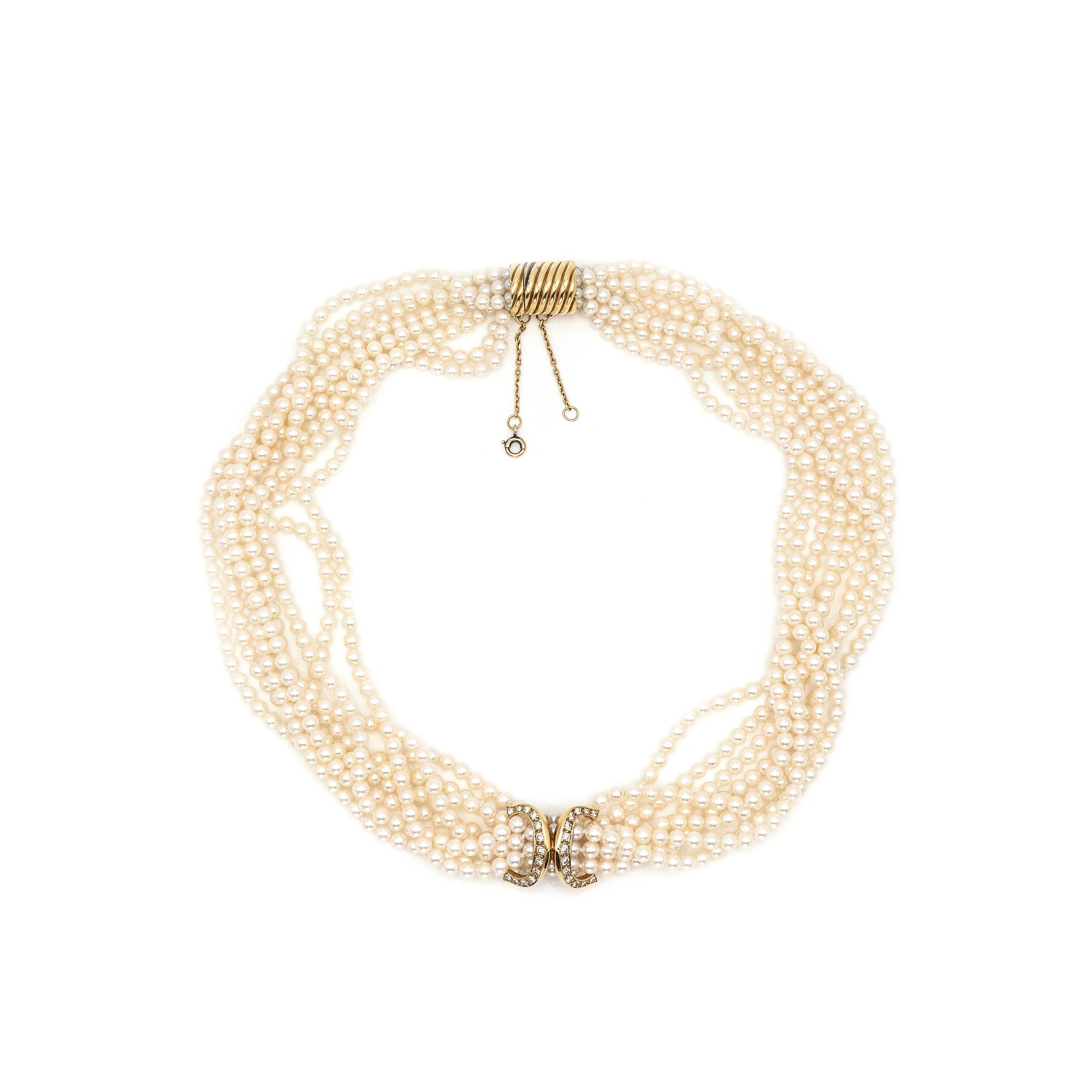 Cartier 18K Yellow Gold Diamond Multi Strand Pearl Necklace in vendita 1