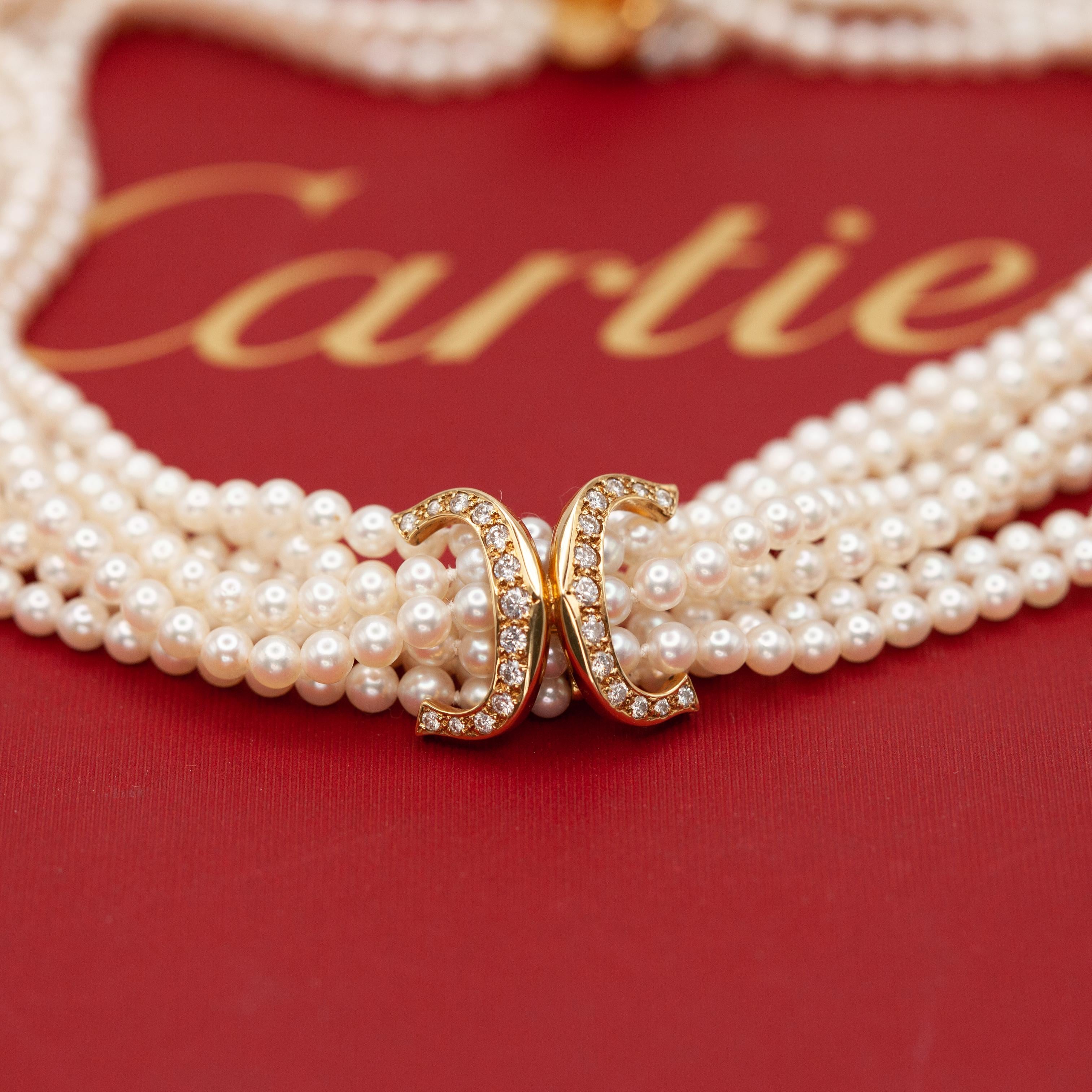 Cartier 18K Yellow Gold Diamond Multi Strand Pearl Necklace in vendita 2