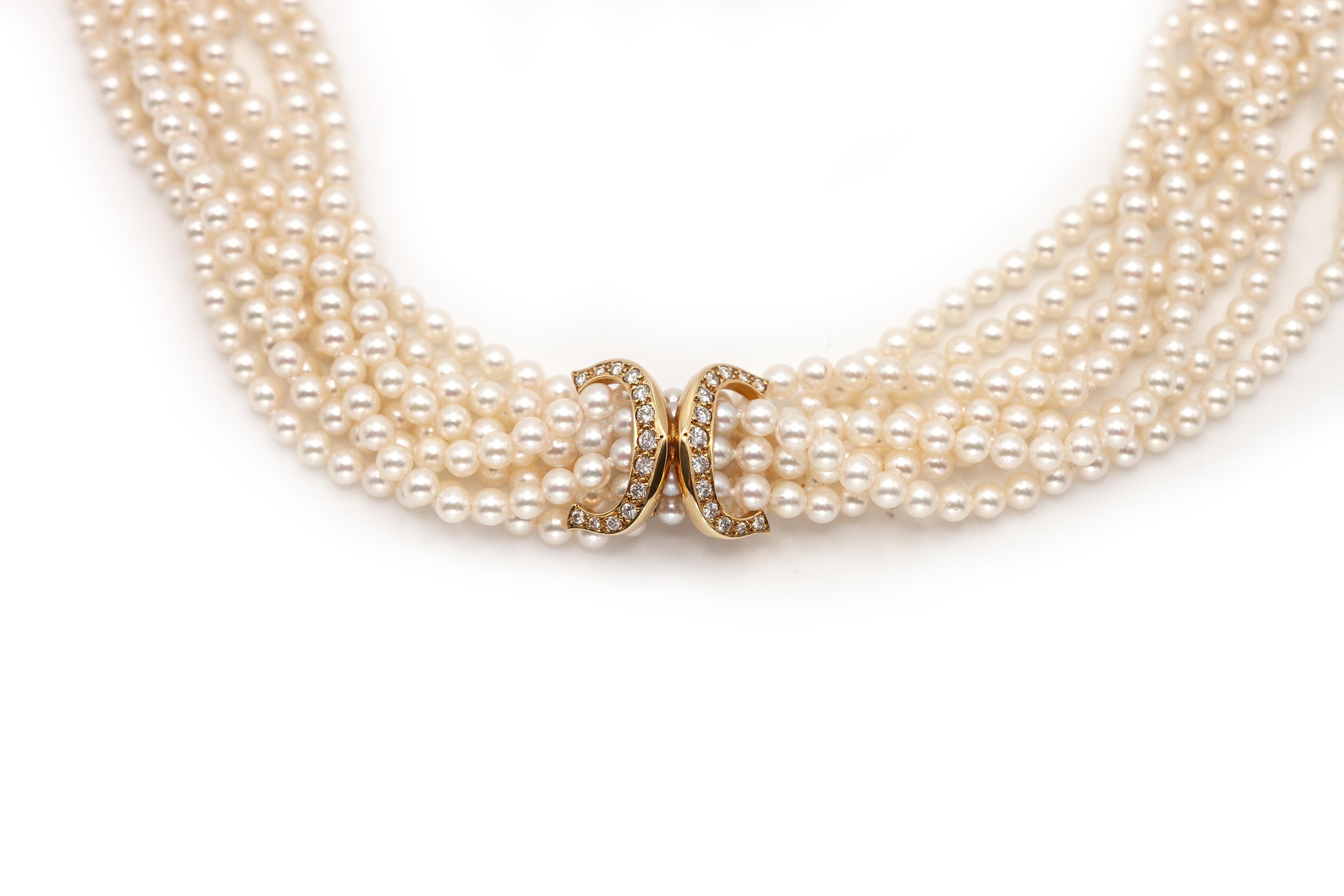 Cartier 18K Yellow Gold Diamond Multi Strand Pearl Necklace in vendita 3