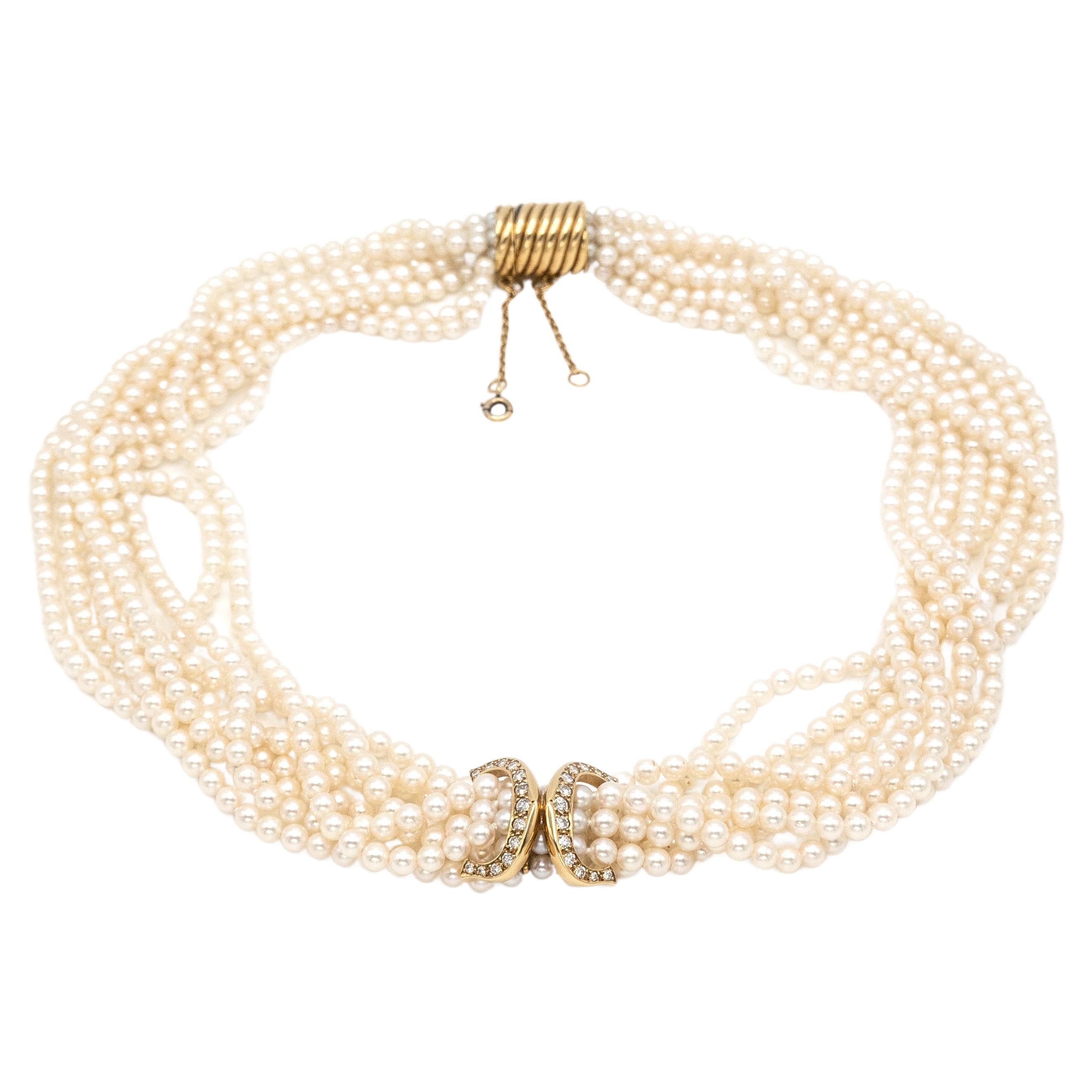 Cartier 18K Yellow Gold Diamond Multi Strand Pearl Necklace