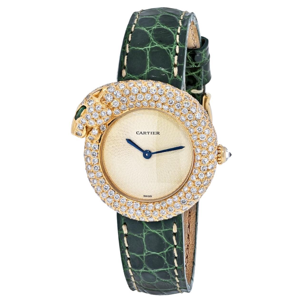 Cartier 18K Yellow Gold Diamond Panthere 1925 Leather Bracelet Ladies Watch