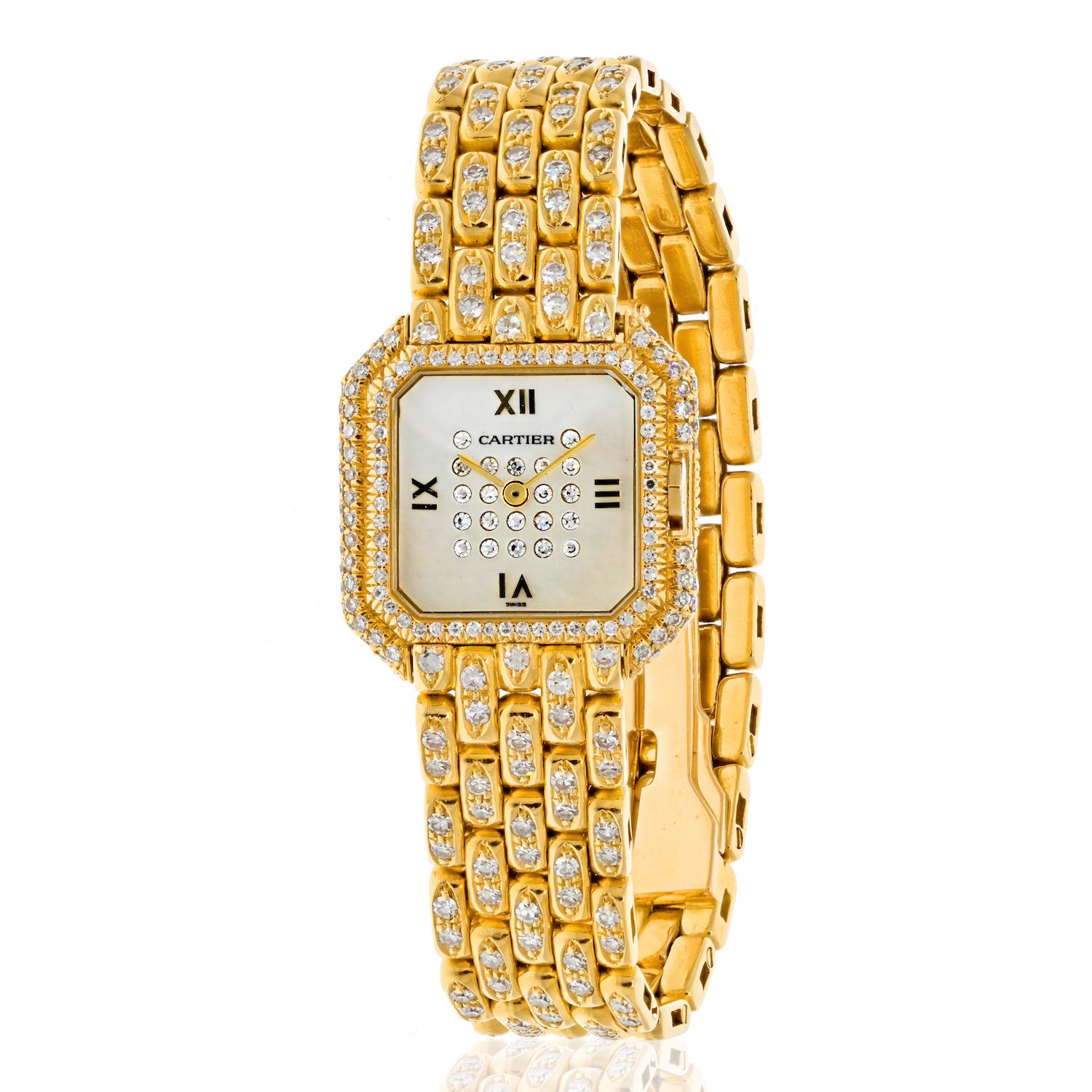 Cartier 18K Yellow Gold Diamond Panthere De Cartier Wrist Watch.
Factory diamonds. 
Mother of pearl dial.

Brand: Cartier
Collection:  Panthere De Cartier 
Movement: Quartz
Case Size : 31 mm
Case Material: Yellow Gold 
Dial:  Diamond