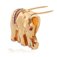 Cartier 18K Yellow Gold, Diamond, Ruby and Emerald Elephant Brooch