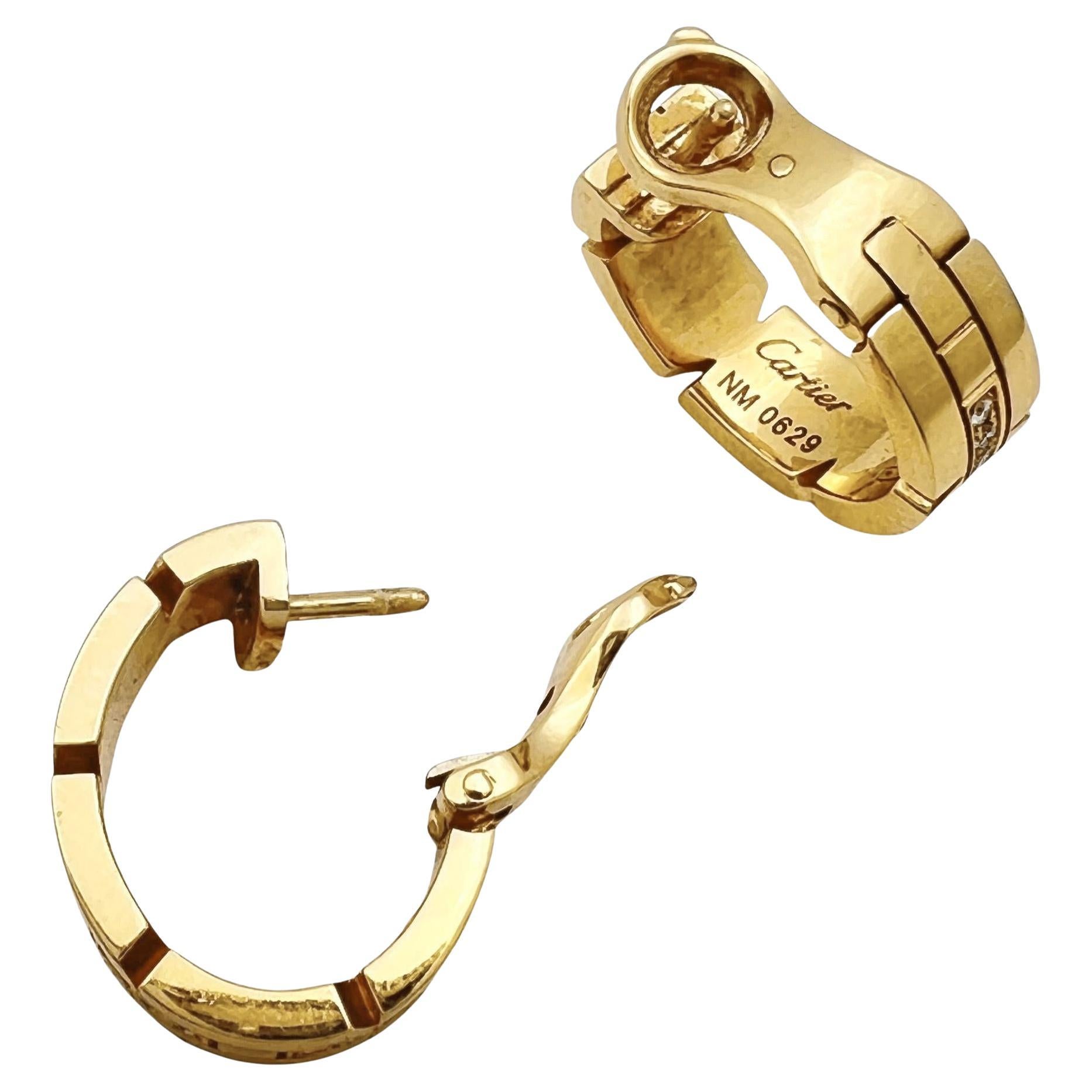 Brilliant Cut Cartier 18k Yellow Gold Diamond Tank Francaise Hoop Earrings