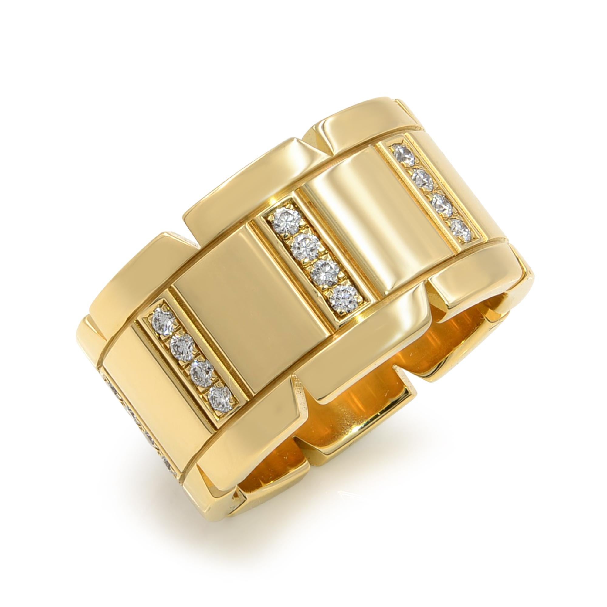 This iconic ring from Cartier's Tank Francaise collection is crafted in 18k yellow gold and set with 32 brilliant-cut round diamonds totaling in 0.32 carats. Made in France. 100% Authentic.
Come without original box and no papers.
Excellent