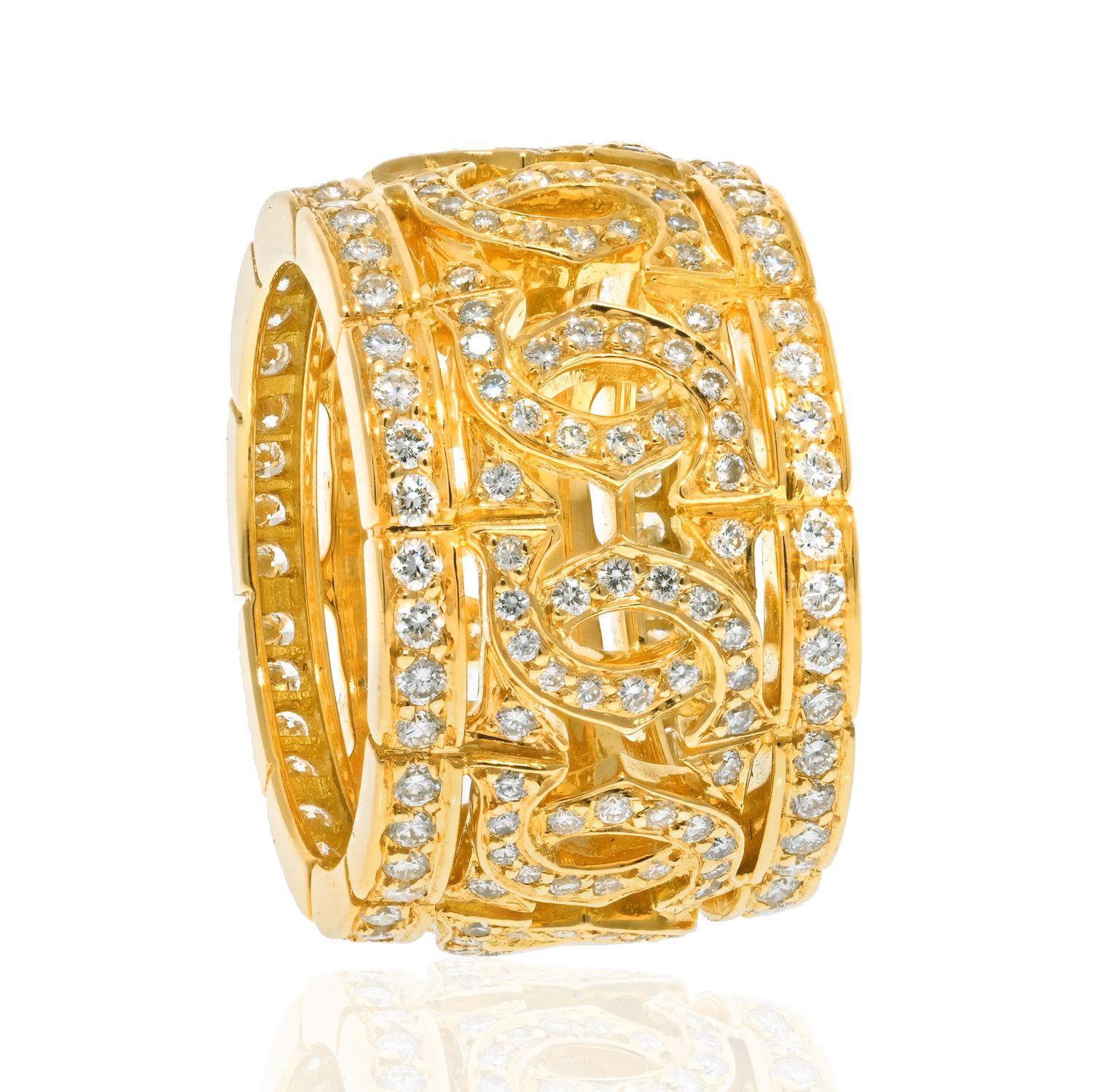 Cartier Entrelaces C de Cartier in 18K Yellow Gold Diamond Ring. 
From the C de Cartier Collection.
Carat Weight: 1.80
Stone Count: 240
With Cartier Certificate. 
EU Size 52. American size 5.75.

Here are five stylish ways to wear your Cartier