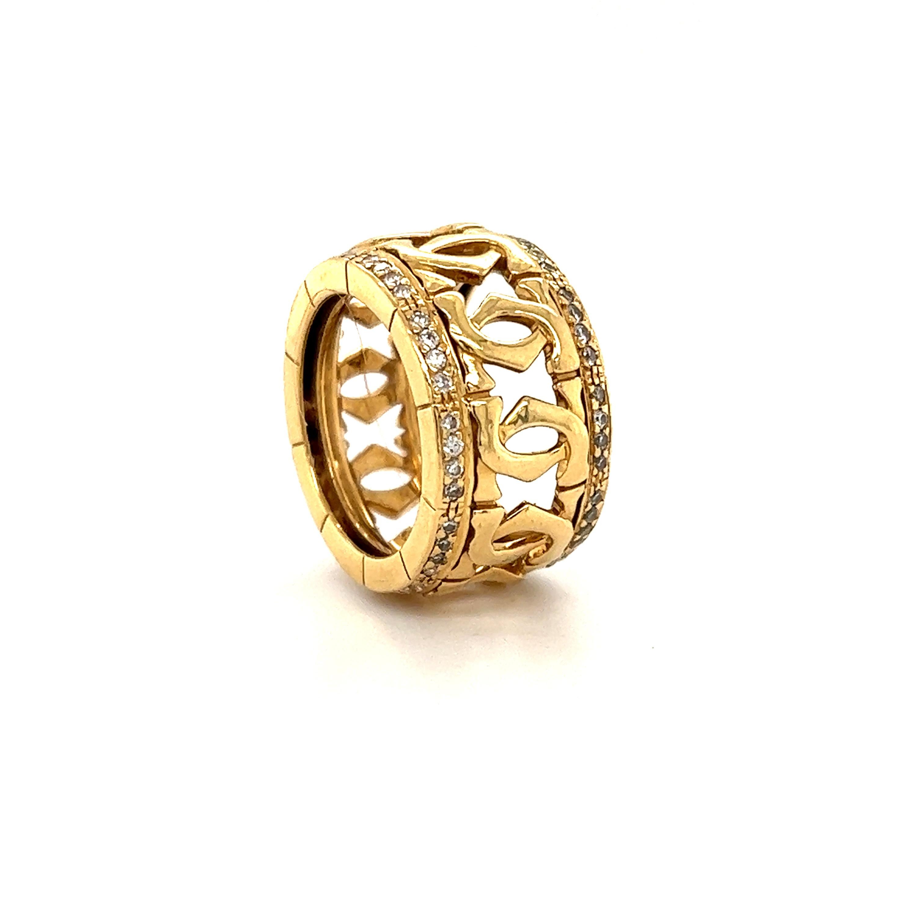 Retro Cartier 18k Yellow Gold Double C Logo and Diamond Wide Band Ring