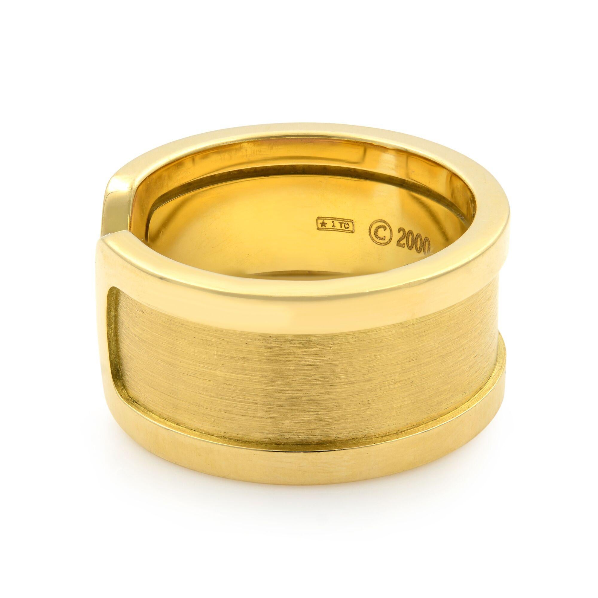 Cartier 18k yellow gold double cc wide band ring. Size: 6. Width: 10mm, thickness: 2.00mm. Excellent pre-owned condition. Original box and papers are not included. 