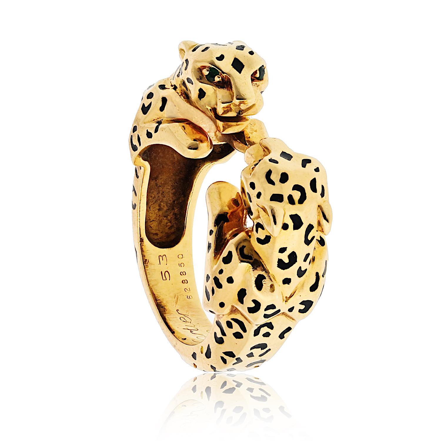 Round Cut Cartier 18K Yellow Gold Double Panthere Ring For Sale
