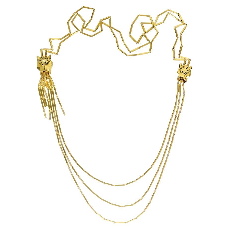 Cartier 18K Yellow Gold Double Panthere Tassel Long Strand Necklace For Sale