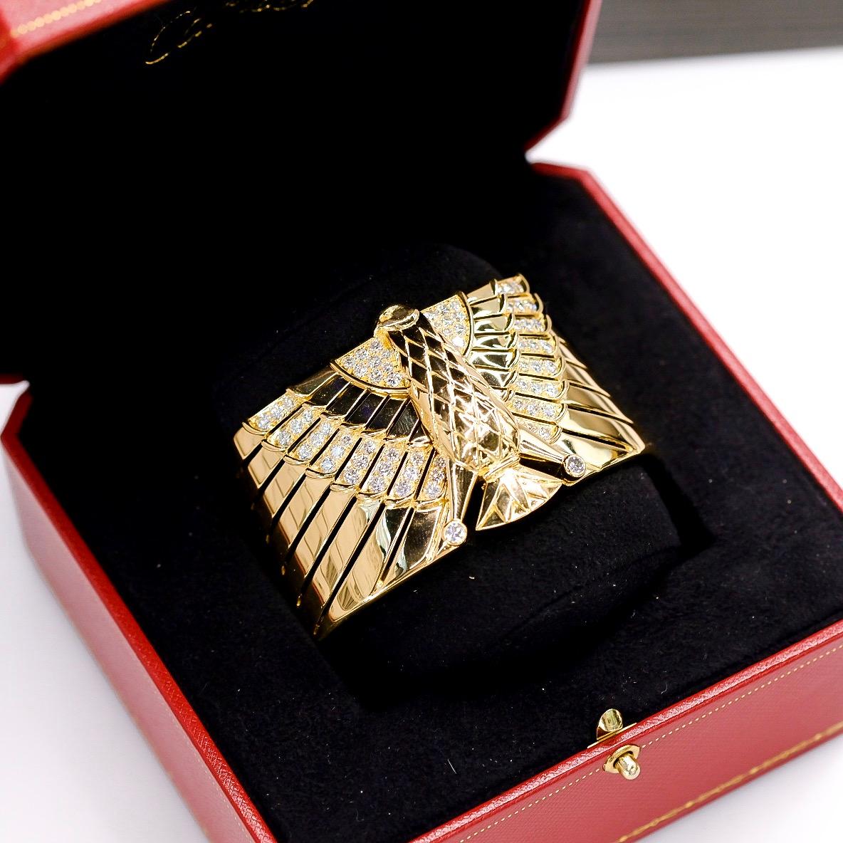 Round Cut Cartier 18K Yellow Gold Egyptian Horus Falcon Bracelet For Sale