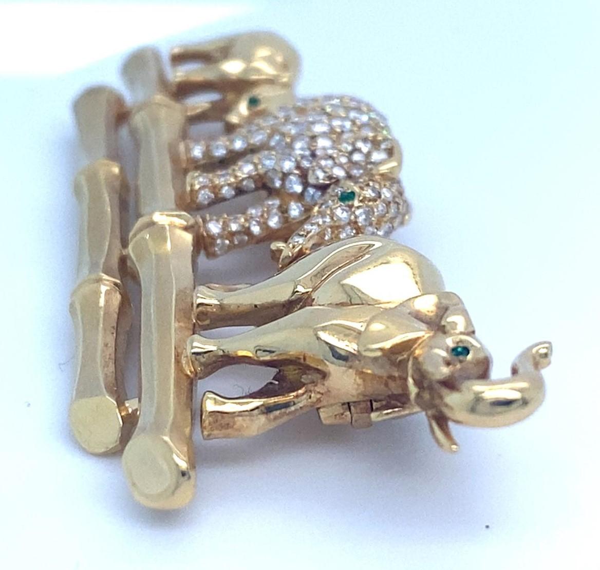 Round Cut Cartier 18k Yellow Gold Elephant Family Brooch with Emerald & Diamond Accents For Sale