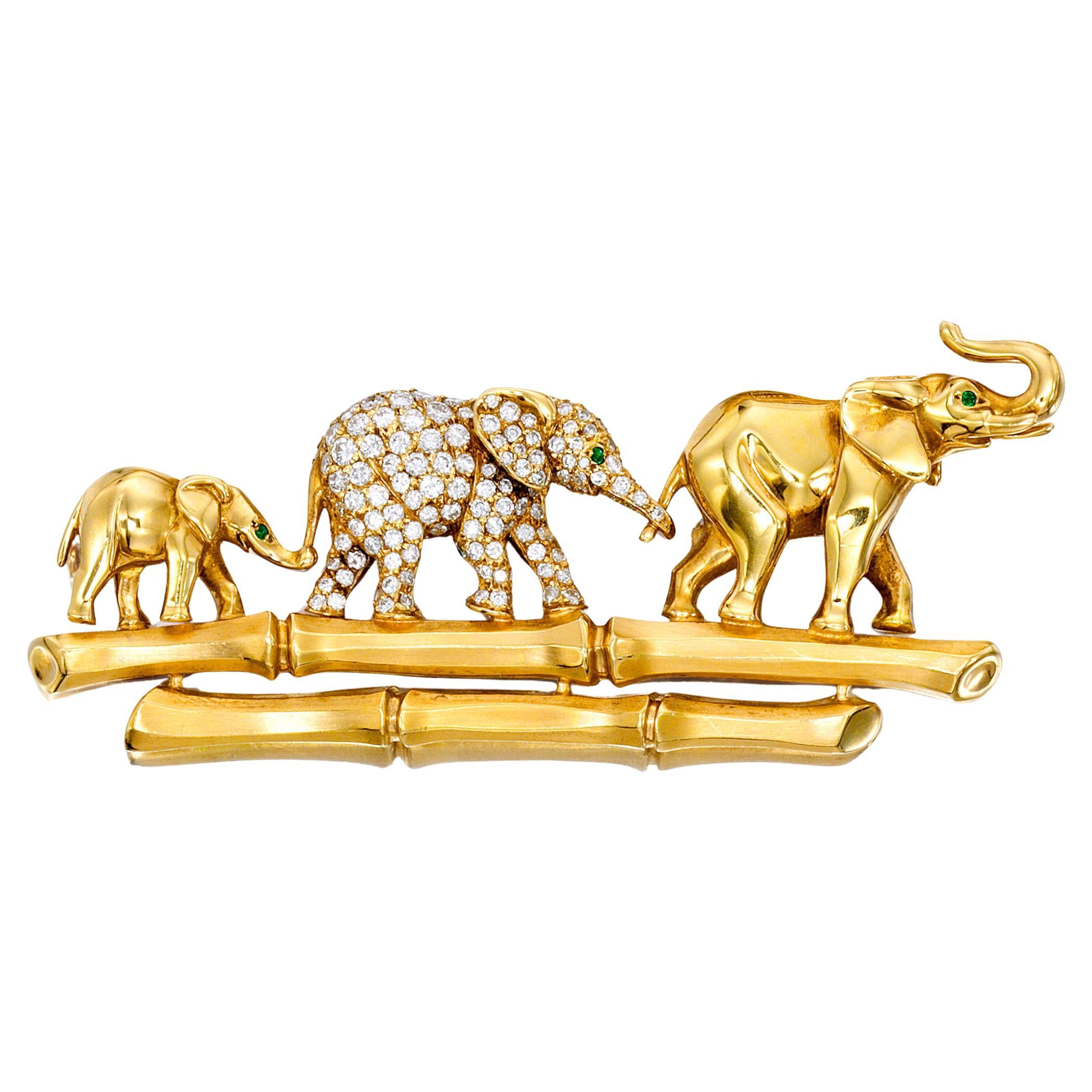 Cartier 18k Yellow Gold Elephant Family Brooch with Emerald & Diamond Accents