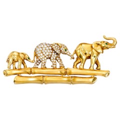Cartier 18k Yellow Gold Elephant Family Brooch with Emerald & Diamond Accents