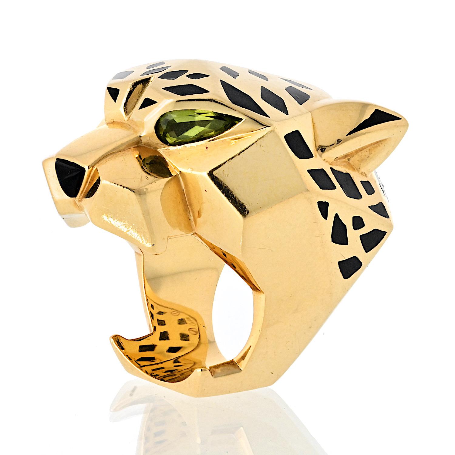 Modern Cartier 18k Yellow Gold EU 55 Panthere Head Solid Design Spotted Lacquer Ring