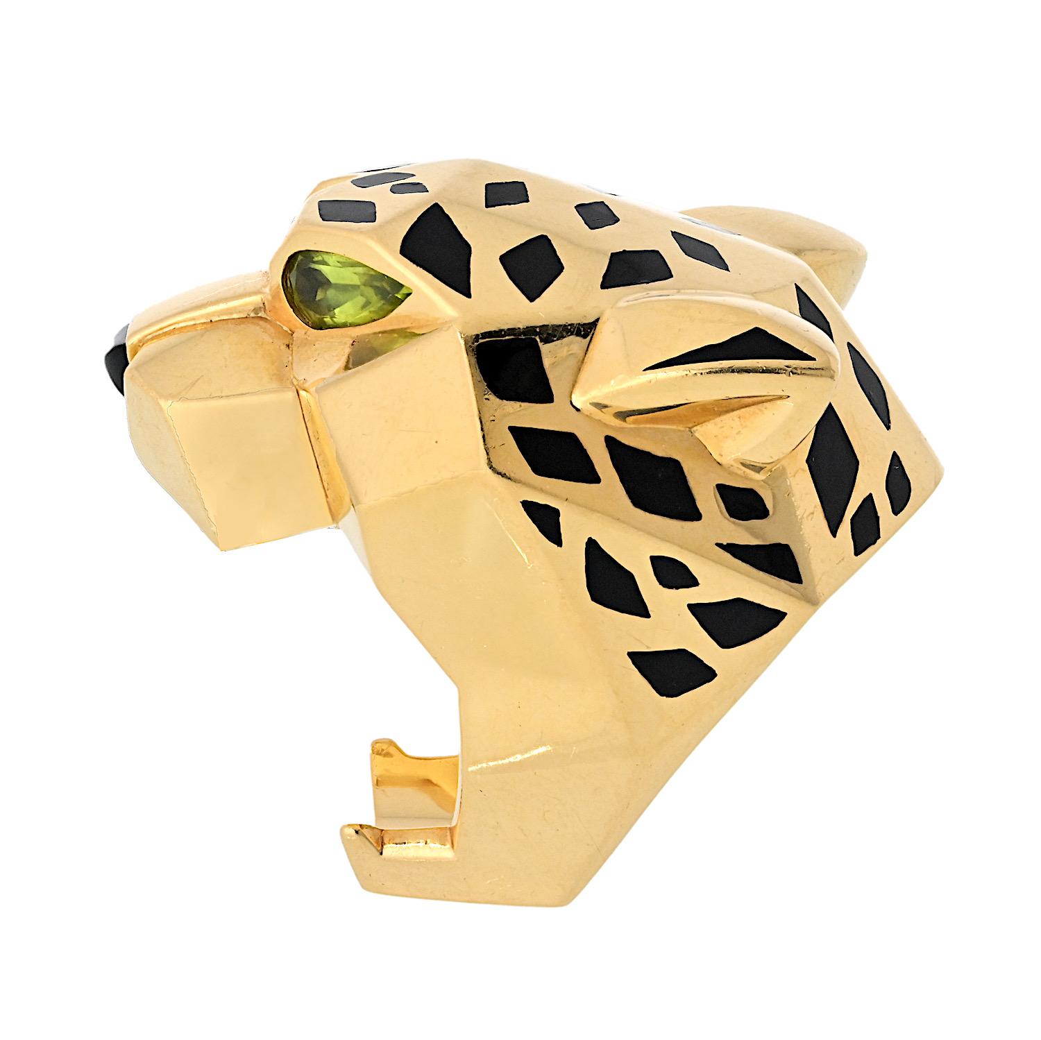 Cartier 18k Yellow Gold EU 55 Panthere Head Solid Design Spotted Lacquer Ring In Excellent Condition In New York, NY
