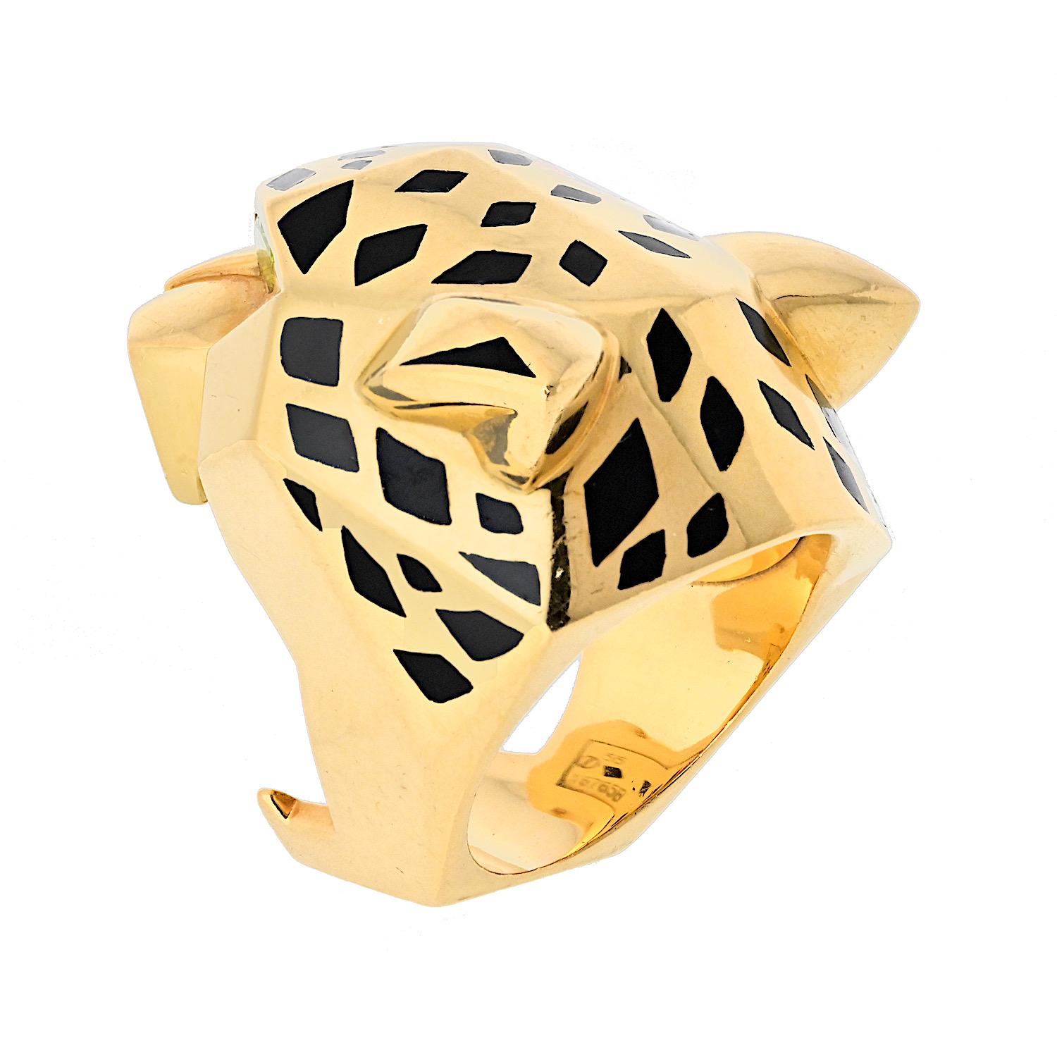 Women's or Men's Cartier 18k Yellow Gold EU 55 Panthere Head Solid Design Spotted Lacquer Ring
