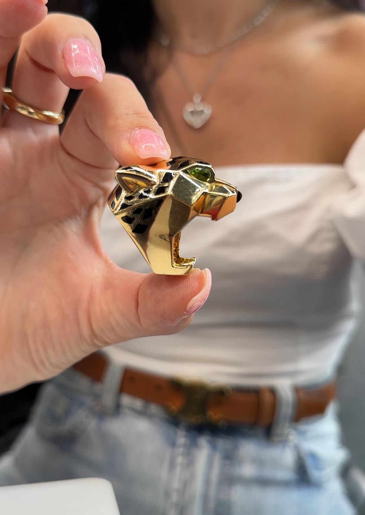 Cartier 18k Yellow Gold EU 55 Panthere Head Solid Design Spotted Lacquer Ring 2