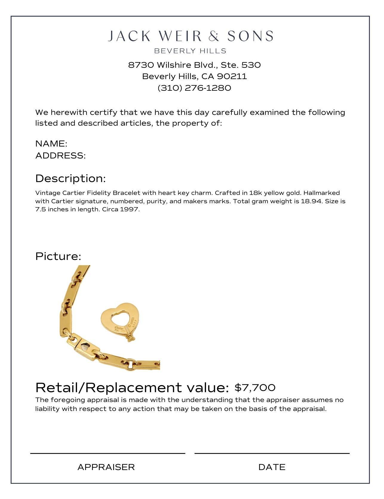 Cartier 18k yellow gold fidelity bracelet with heart key In Excellent Condition In Beverly Hills, CA