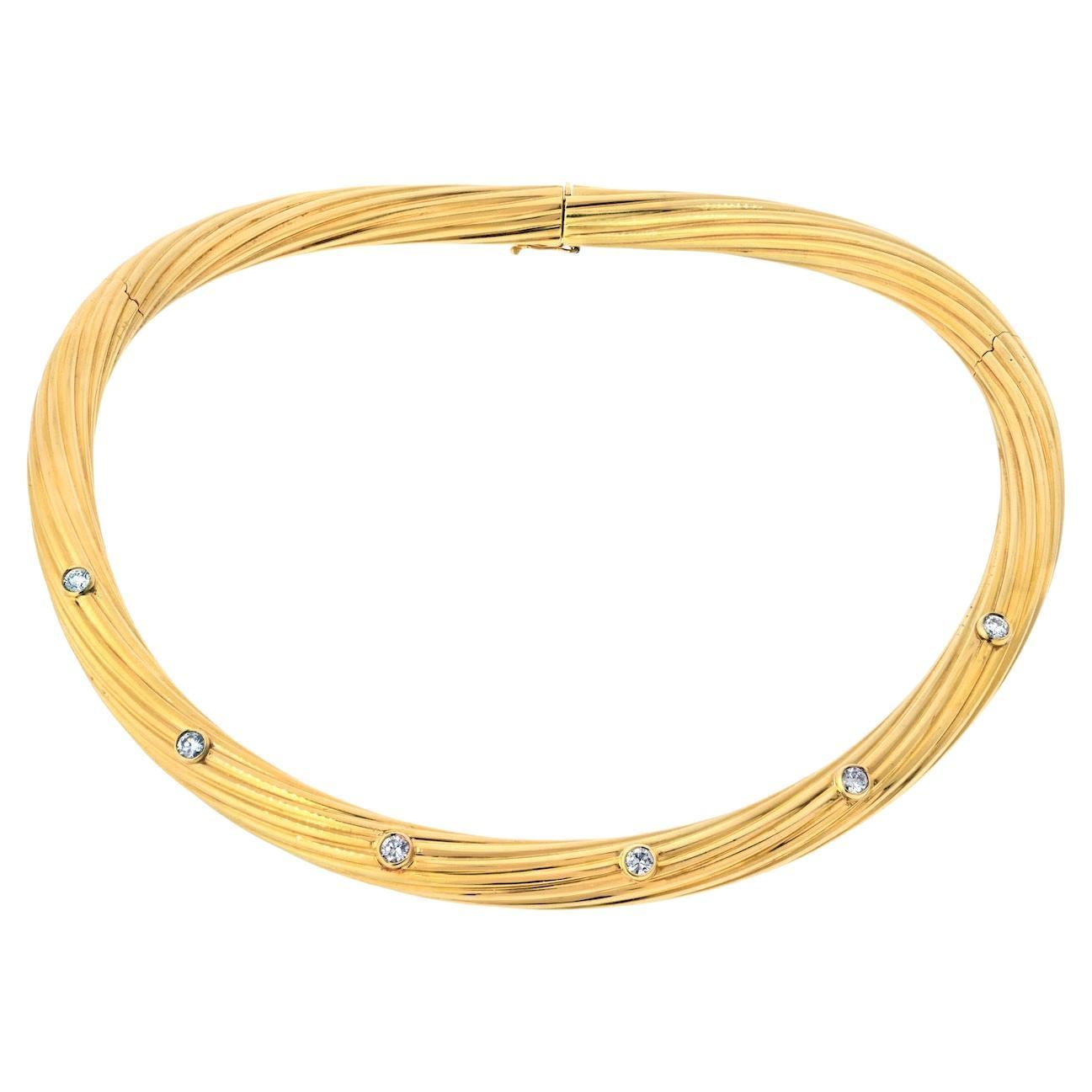 Cartier 18K Yellow Gold Fluted Twist Diamond Choker Necklace For Sale