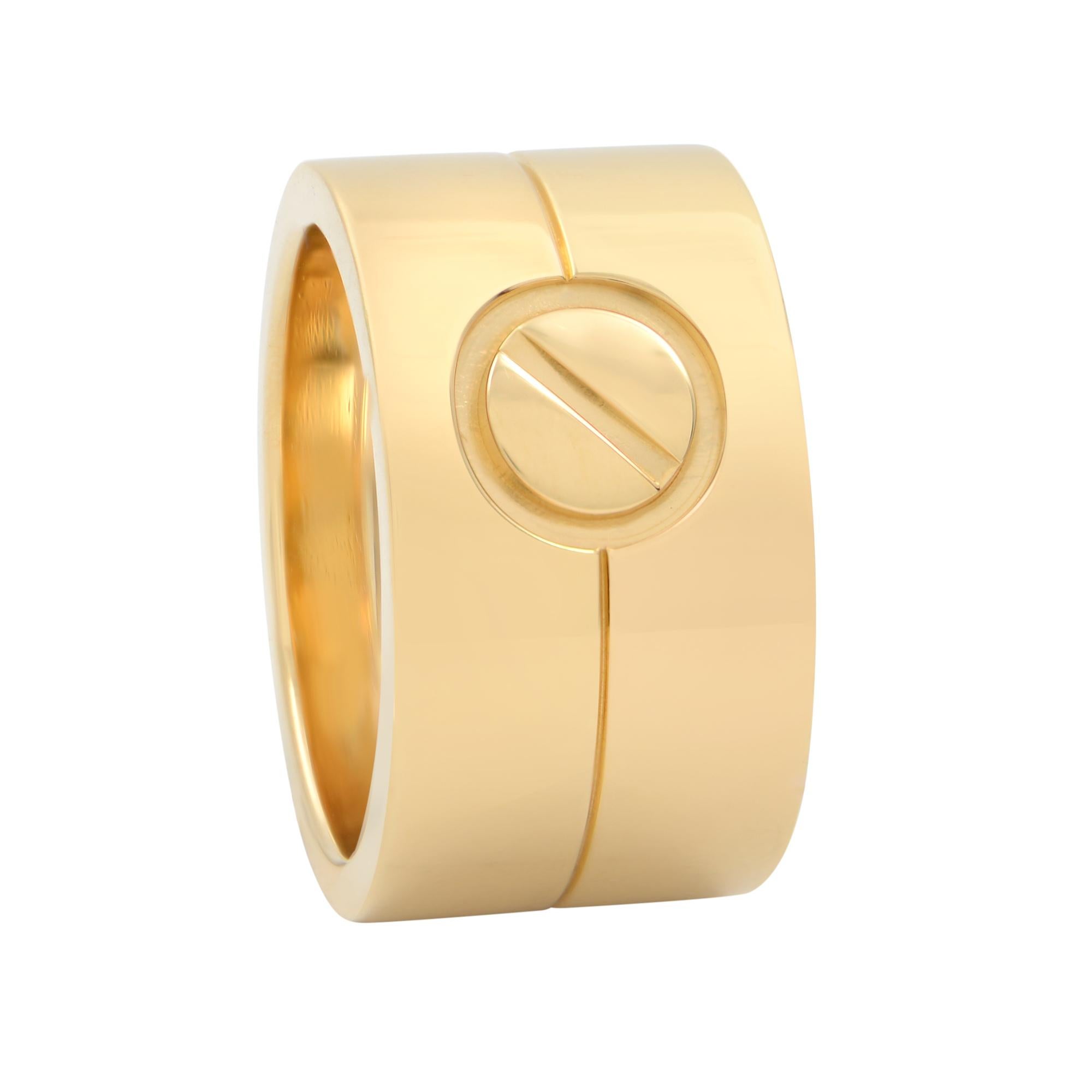 Cartier Love 18K yellow gold high ring Width: 10.80 mm. Thickness: 1.7 mm. Ring size 49 US 5. Hallmarked. Excellent pre-owned condition. Original Box and Papers are not included. 