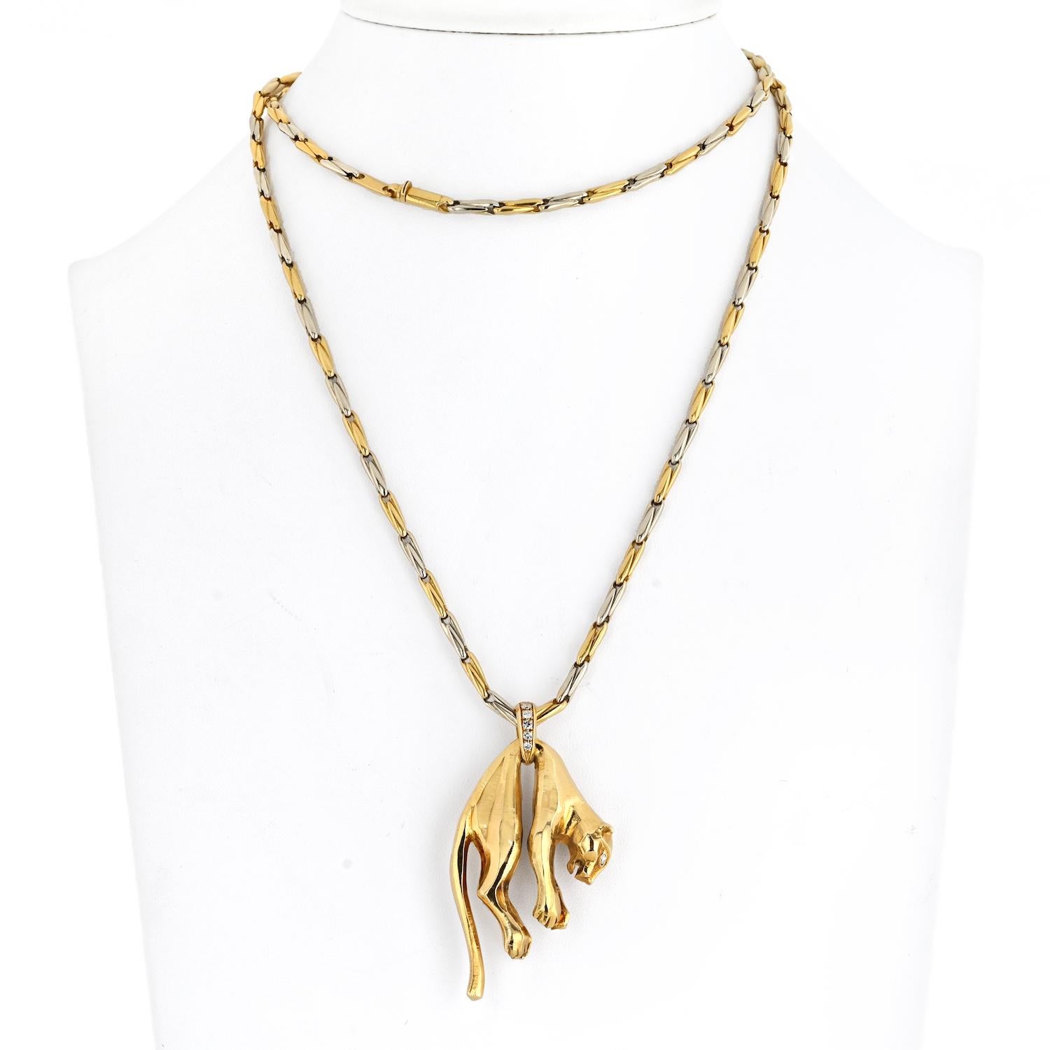 Elevate your style with this exceptional piece of jewelry—a hanging gold Cartier Panthere pendant suspended from an original Cartier chain necklace. Crafted in luxurious 18k yellow gold, this panther exudes a regal charm, measuring a striking 2
