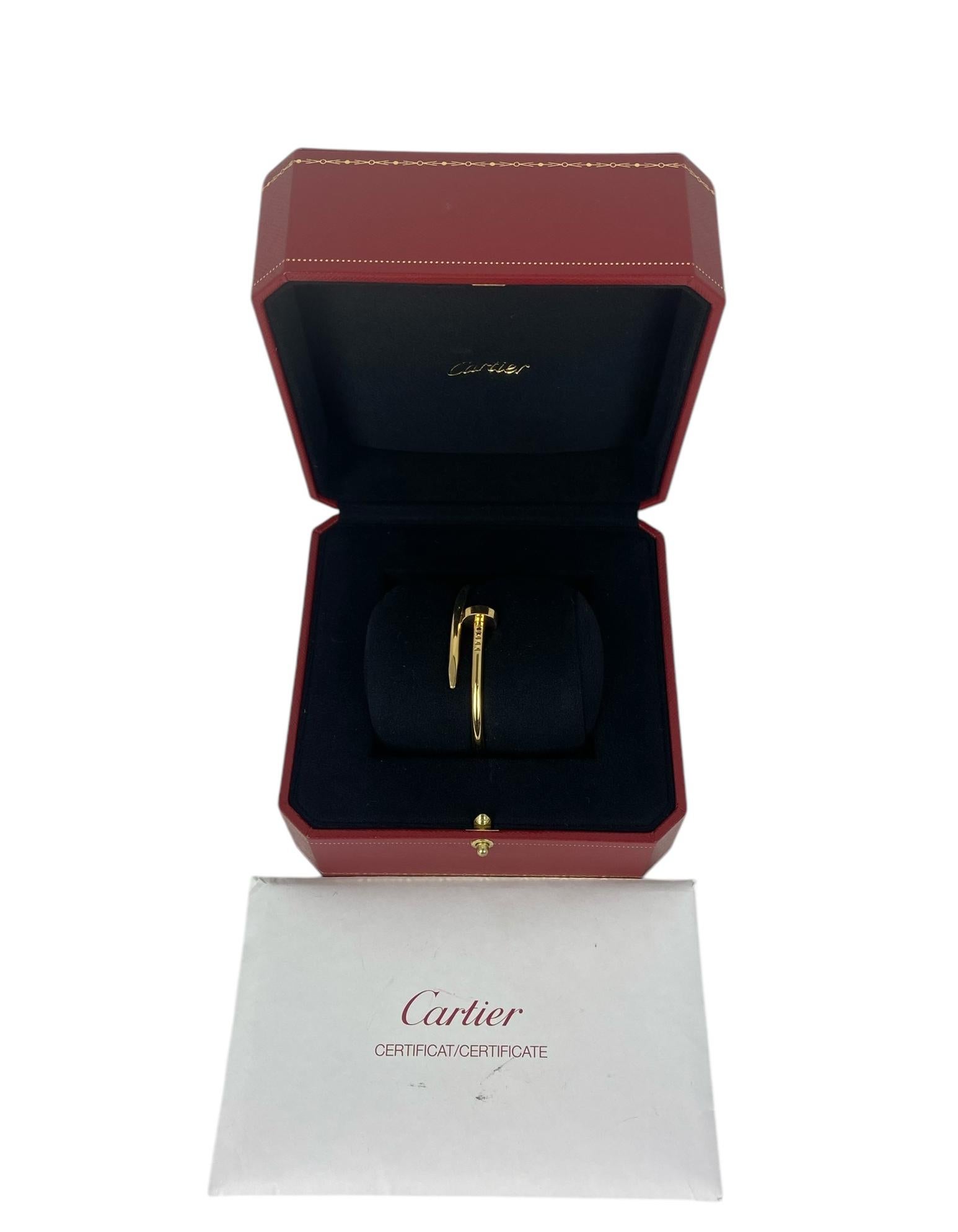 Cartier 18k Yellow Gold Juste Un Clou Nail Bracelet sz 15. Please note this style runs large and fits like size 16 in the Cartier Love bracelet

Year of Production: 2023
Color: Gold
Materials: 18k yellow gold
Hallmarks: 750
Overall Condition: