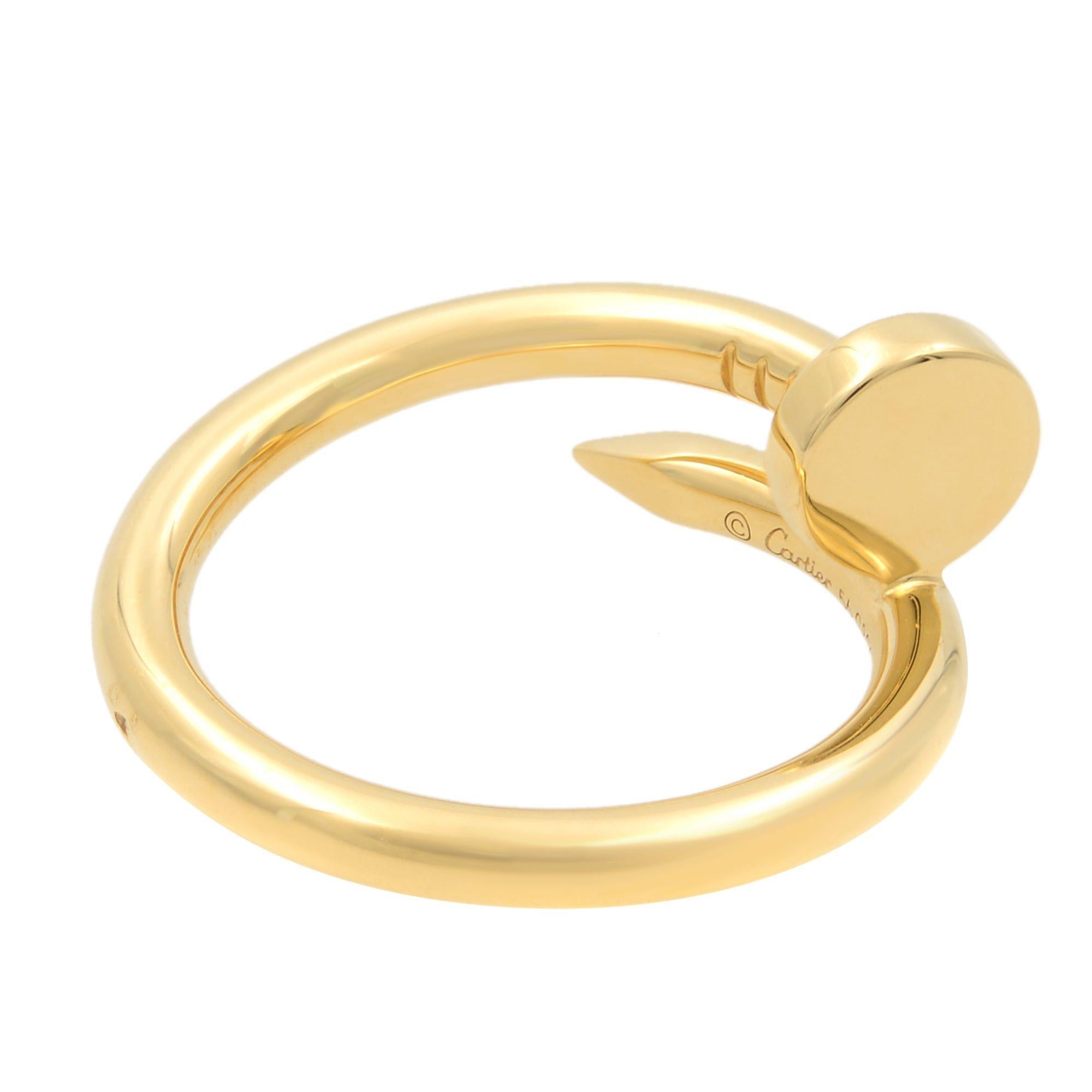 Ring Cartier Juste un Clou, 18 Karat Gelbgold. Breite: 2,65 mm. Ring Größe 56 US 7.5.
Ausgezeichneter gebrauchter Zustand. Kommt mit Cartier-Box und Papiere sind nicht enthalten.