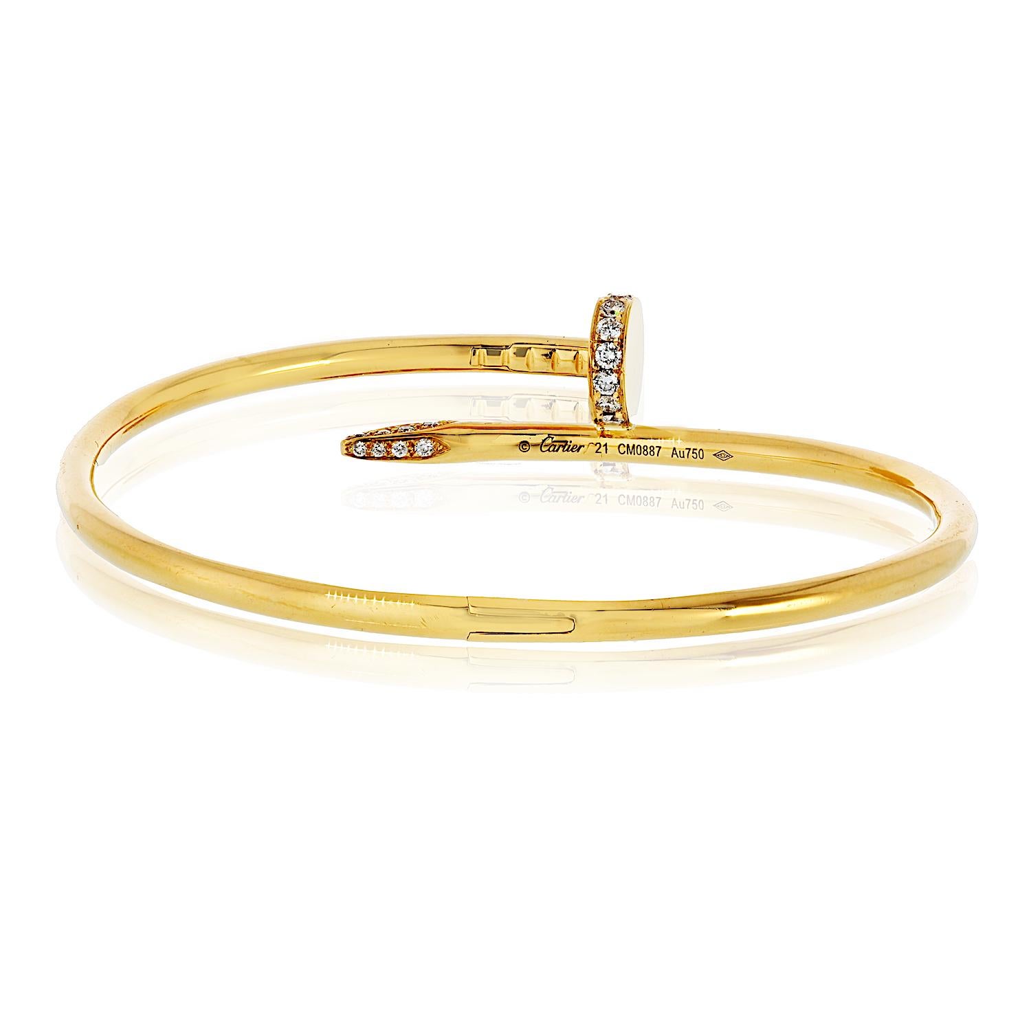 Round Cut Cartier 18K Yellow Gold Juste Un Clou Size 21 Diamond Bracelet For Sale