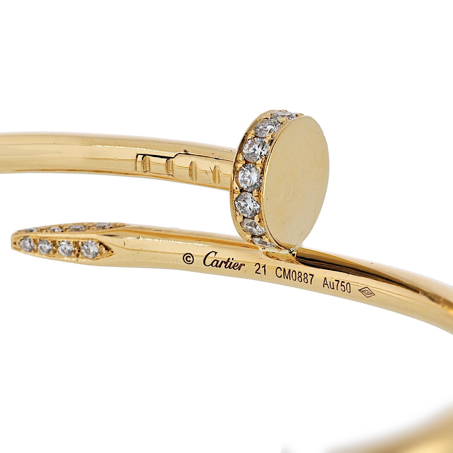 Cartier 18K Yellow Gold Juste Un Clou Size 21 Diamond Bracelet In Excellent Condition For Sale In New York, NY