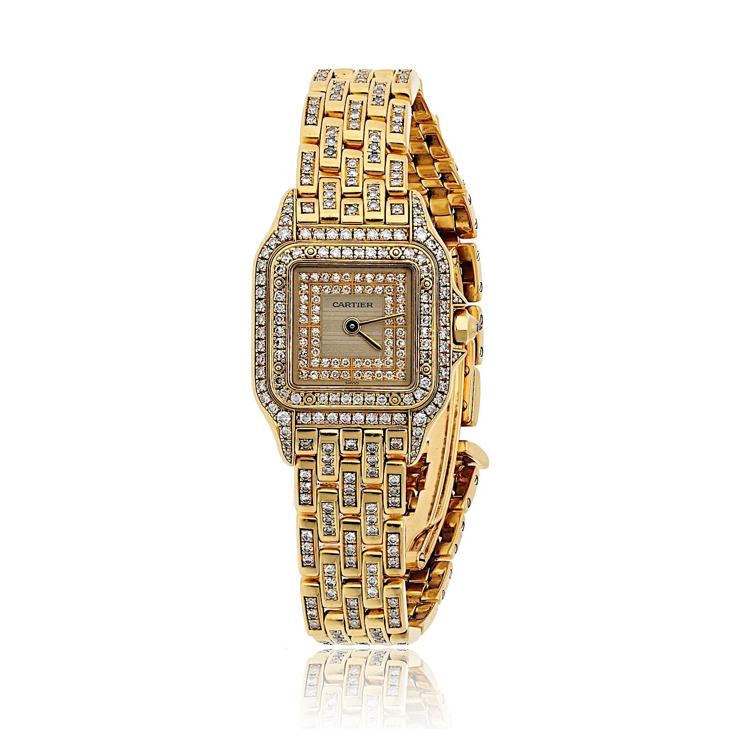 Presenting the Cartier Panthère 18K Yellow Gold Factory Diamond Mid Size Ref 1280/2 Watch, a true symbol of elegance and sophistication. This ladies' model is crafted in luxurious 18K yellow gold and adorned with factory-set diamonds, exuding the