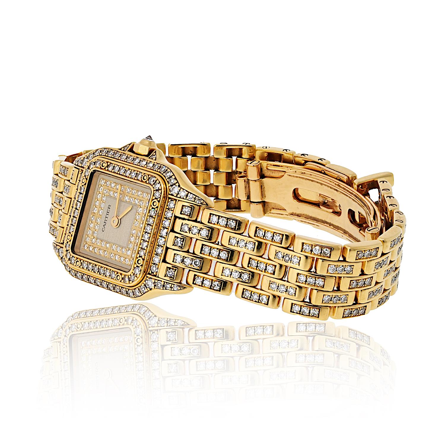 Modern Cartier Panthere 18K Yellow Gold Factory Diamond Mid Size Ref 1280/2 Watch For Sale