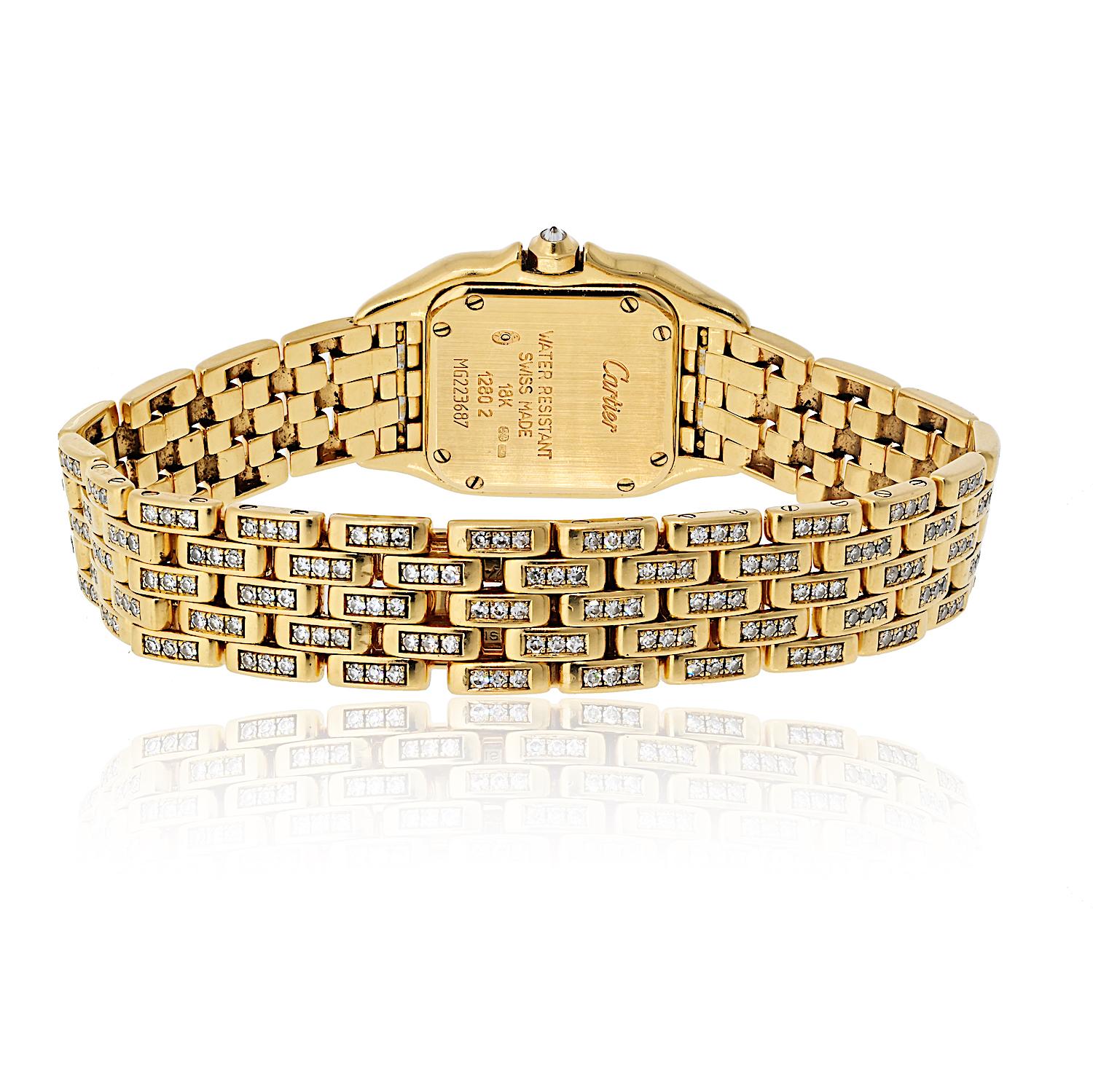 Round Cut Cartier Panthere 18K Yellow Gold Factory Diamond Mid Size Ref 1280/2 Watch For Sale
