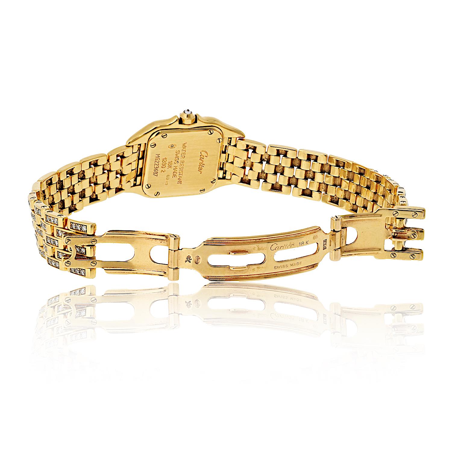 Cartier Panthere 18K Yellow Gold Factory Diamond Mid Size Ref 1280/2 Watch In Excellent Condition For Sale In New York, NY