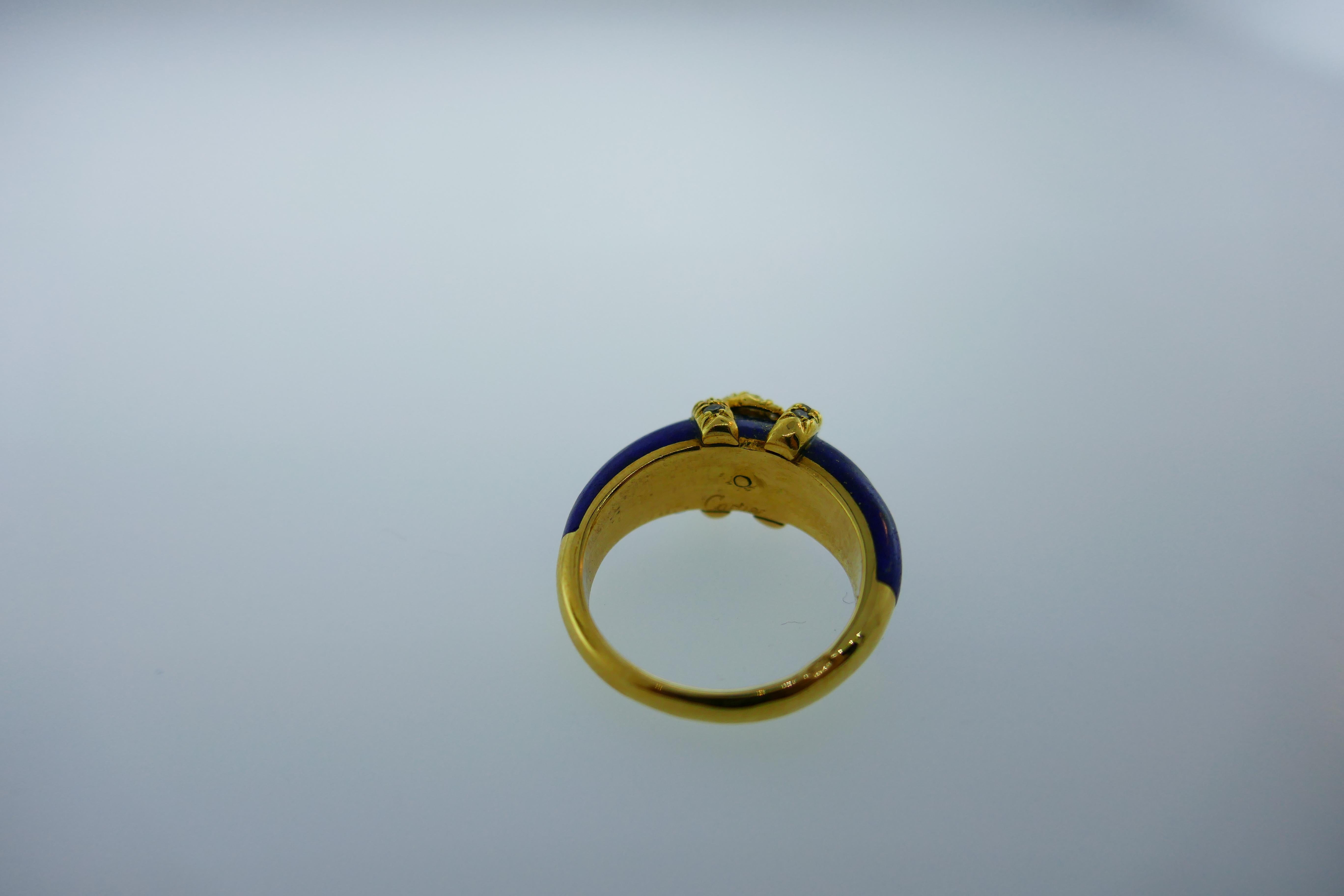 Cartier 18 Karat Yellow Gold, Lapis and Diamond Logo Ring Vintage In Excellent Condition In Beverly Hills, CA