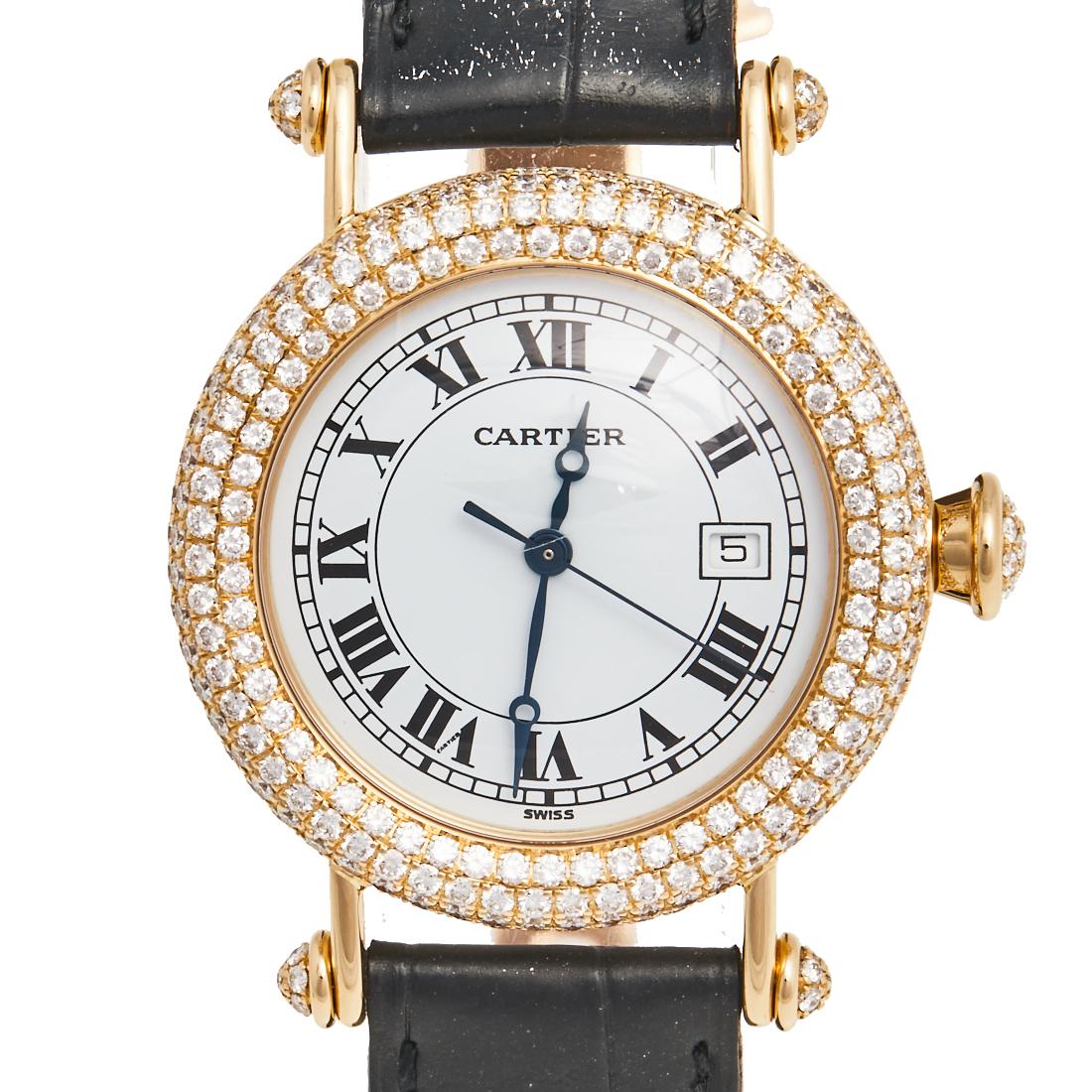 Cartier 18k Yellow Gold Leather Diamond Diabolo 1430 Women's Wristwatch 33mm 2