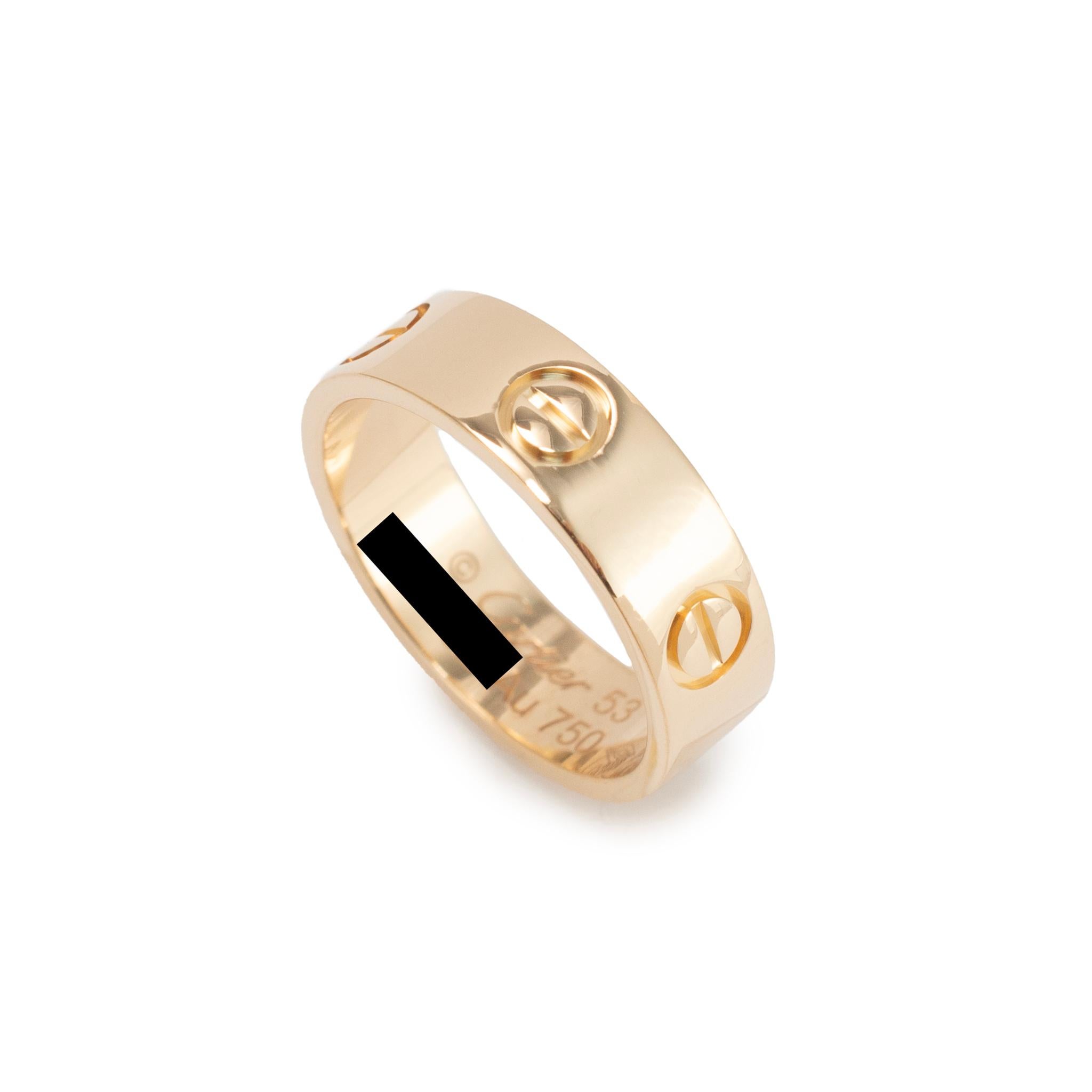 Brand: Cartier

Metal Type: 18K Yellow Gold

Ring Size: 6.5

Width: 5.50 mm

Weight: 5.71 grams

One 18K yellow gold ring with a soft-square shank. The metal was tested and determined to be 18K yellow gold. Engraved with 