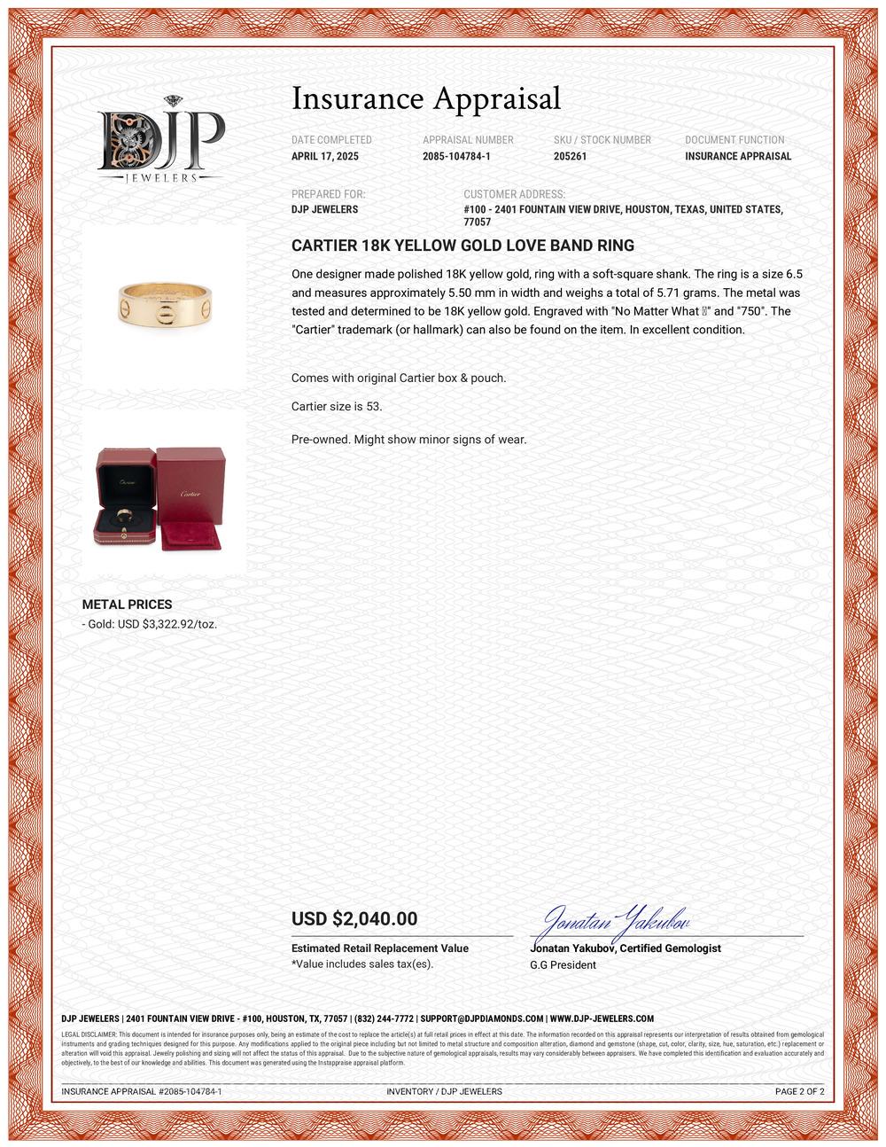 Cartier 18K Yellow Gold Love Band Ring For Sale 5