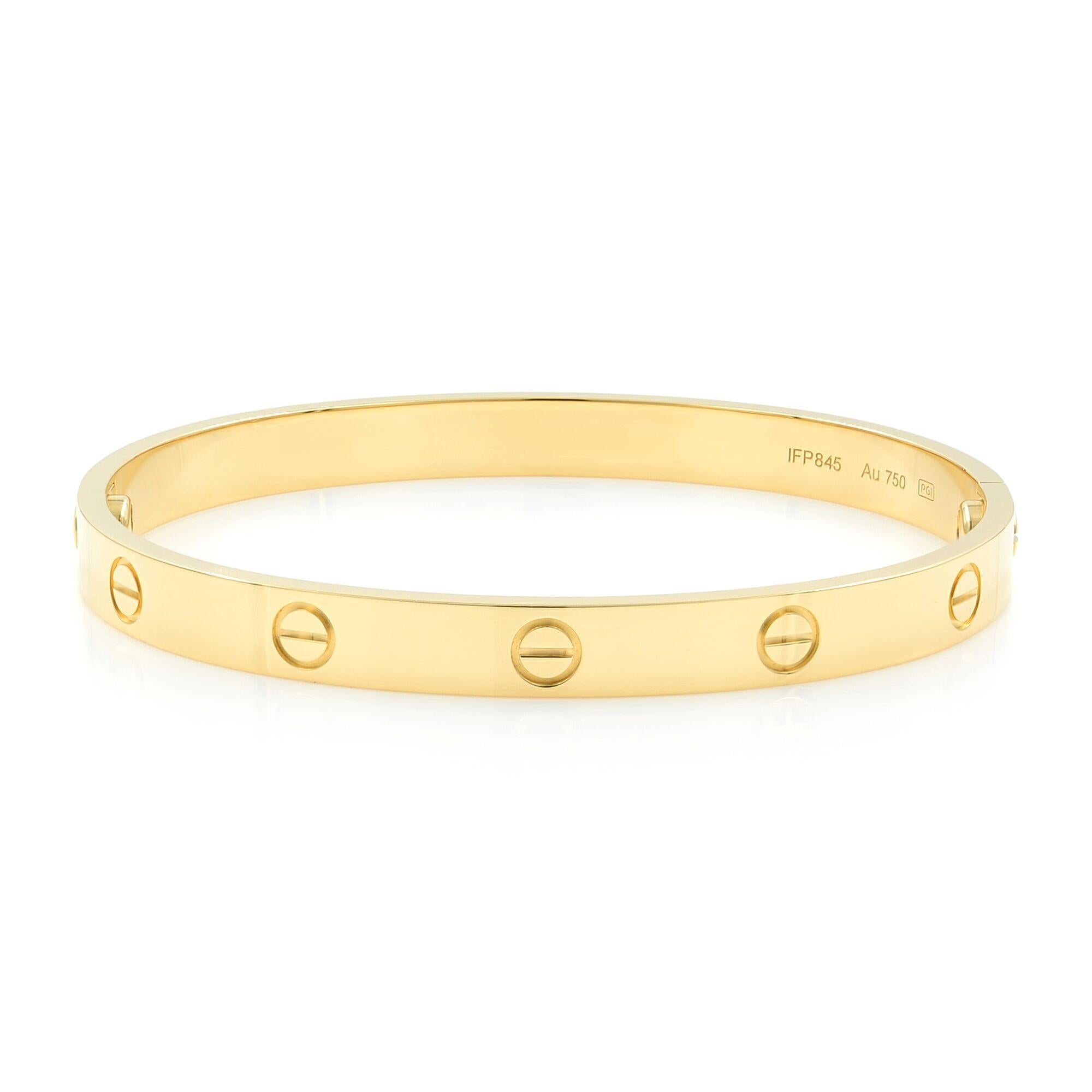 Cartier Love Bracelet Size 18 18K Yellow Gold.
Authentic and beautiful with no signs of wear this bangle is a statement of luxury and class.
Comes with screwdriver, box and papers.
The bracelet is marked 