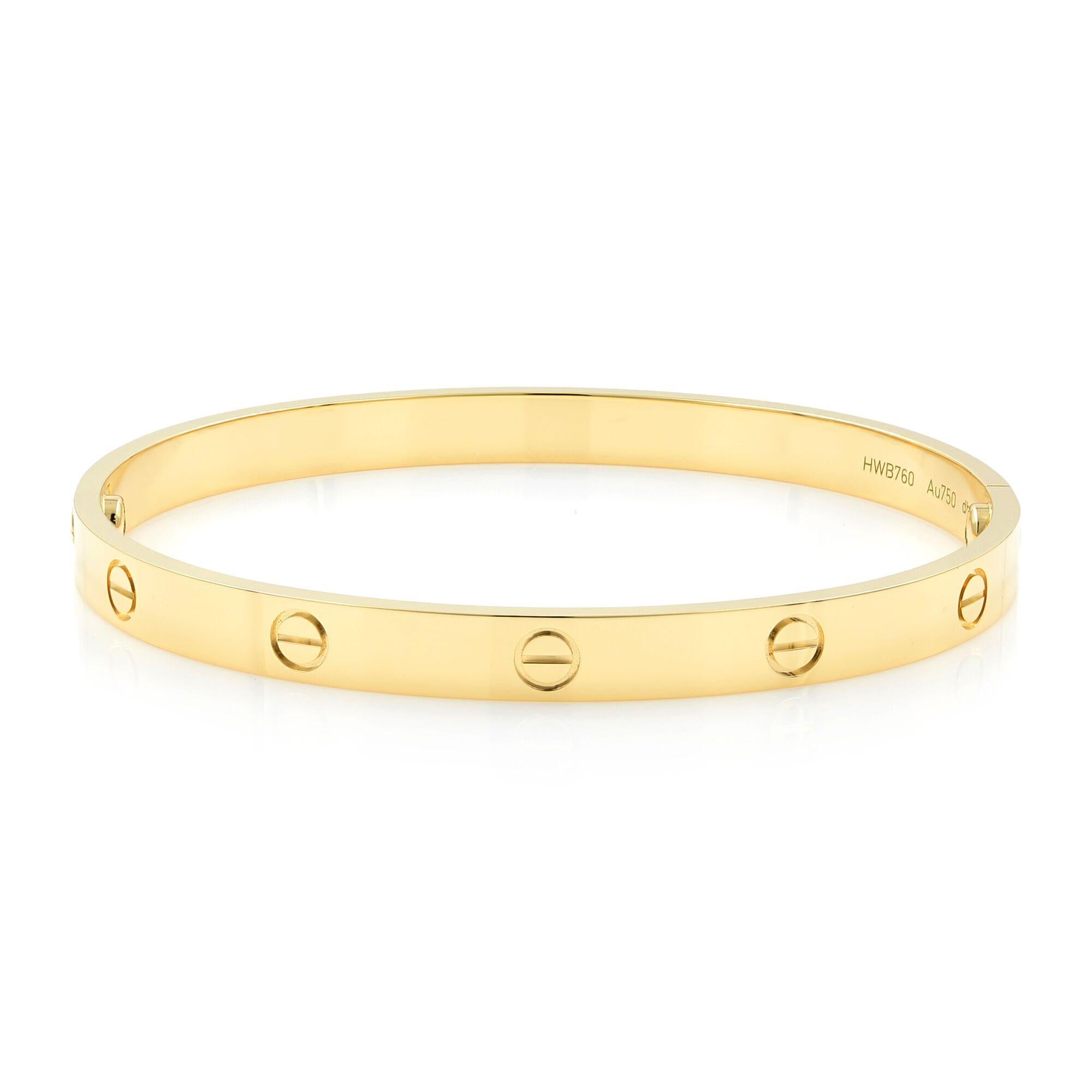 Cartier Love Bracelet Size 20 18K Yellow Gold.
Authentic and beautiful with no signs of wear this bangle is a statement of luxury and class.
Comes with screwdriver and box. (+cartier booklet)
The bracelet is marked 