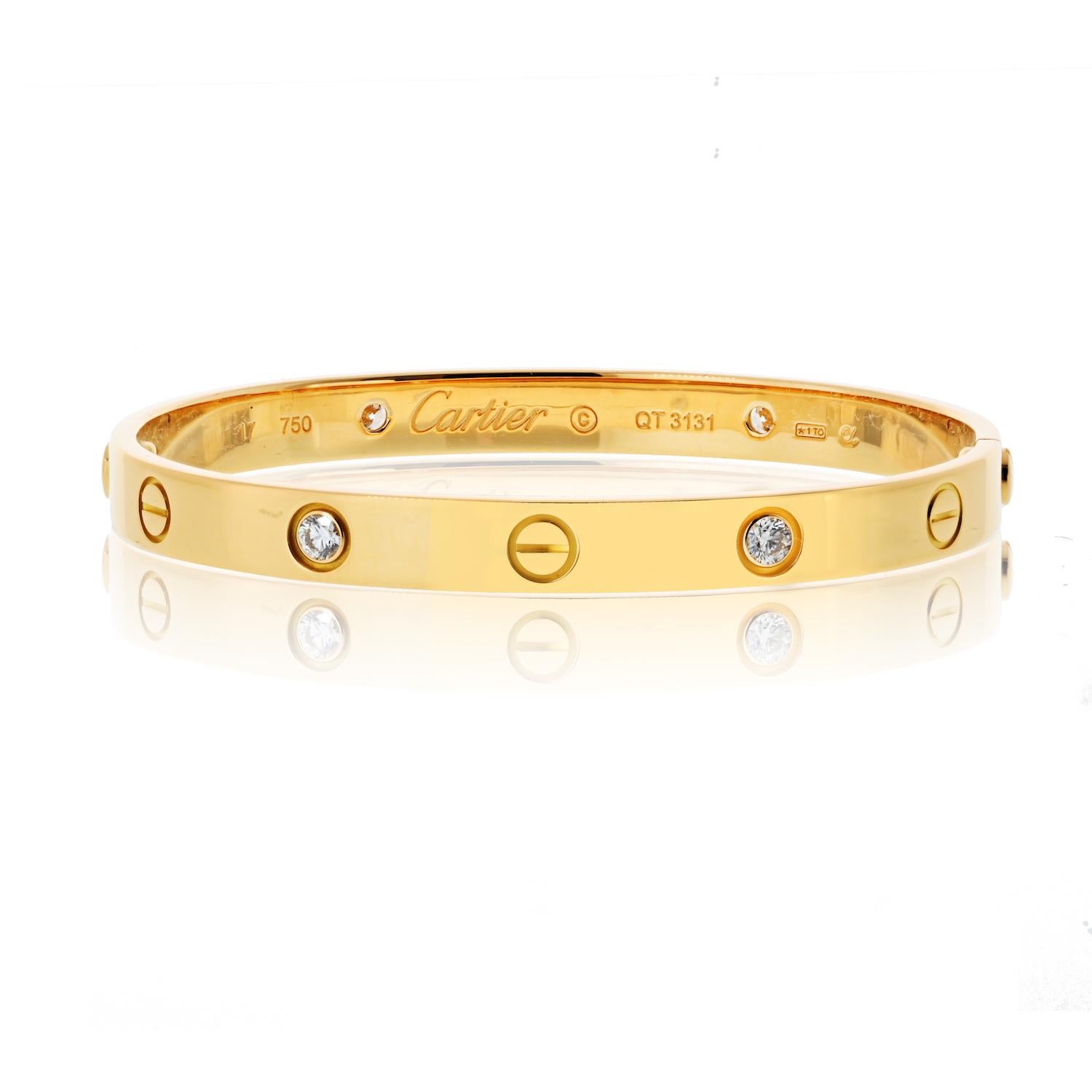 This pre-owned Cartier Love bracelet in size 17 is a true testament to timeless elegance and classic design. Crafted with four round diamonds, this sought-after vintage model embodies the iconic Cartier aesthetic with a refined and sophisticated